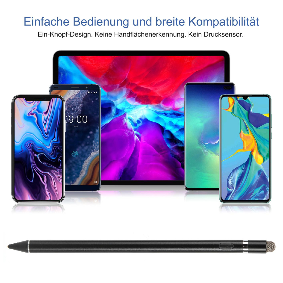 Ein Tablet, Smartphones und ein Stift auf weißem Hintergrund mit Text.