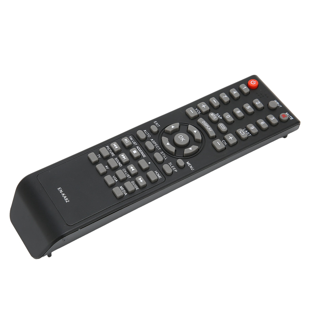 Schwarze TV-Fernbedienung mit vielen Tasten. Rote Einschalttaste oben. Graue Tasten.