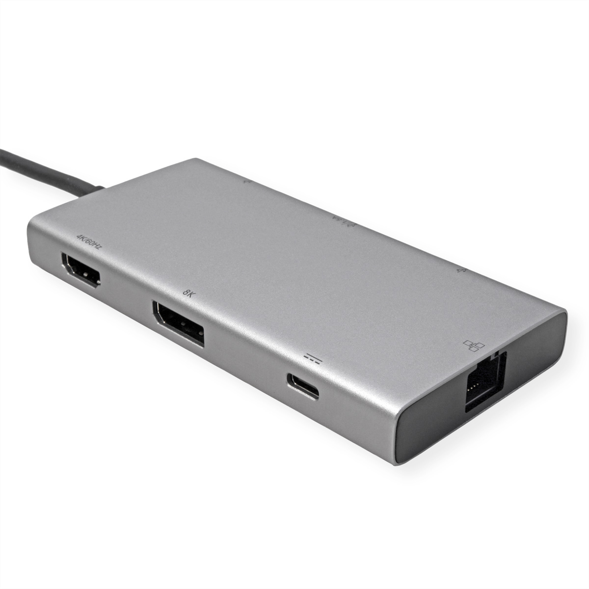 Silberner USB-Hub mit HDMI und anderen Anschlüssen. Rechteckig, mit schwarzem Kabel.