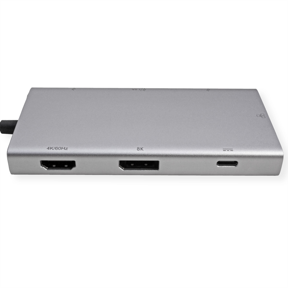 Silberner USB-C-Hub. Mehrere Anschlüsse an der Seite. Weißer Hintergrund.