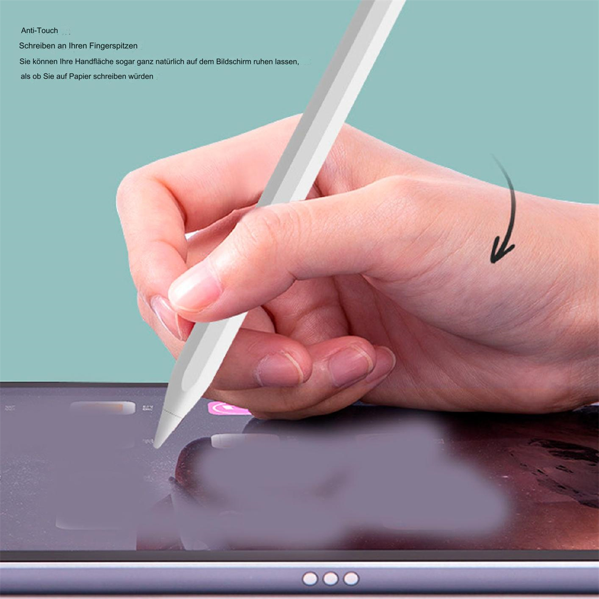 Eine Hand, die einen Stift auf einem Tablet verwendet. Text auf Deutsch über Anti-Touch und Handschrift.