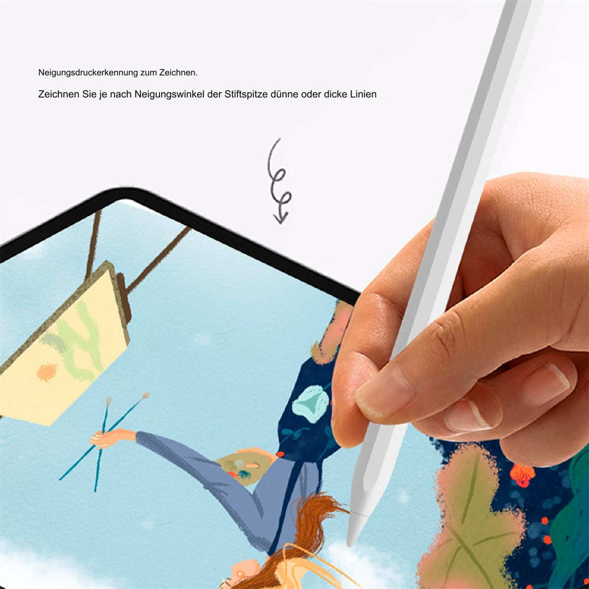 Hand benutzt Stift auf Tablet-Bildschirm. Bildschirm zeigt Illustration einer Person.