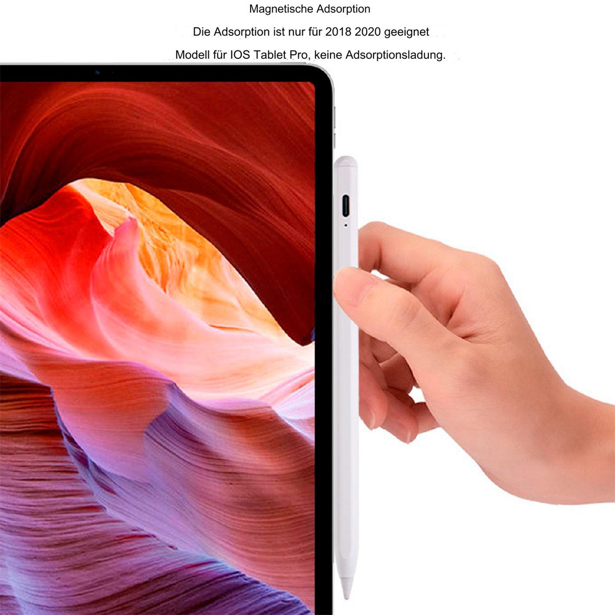 Ein weißer Stift in der Nähe eines Tablets mit rotem und orangefarbenem Hintergrund.