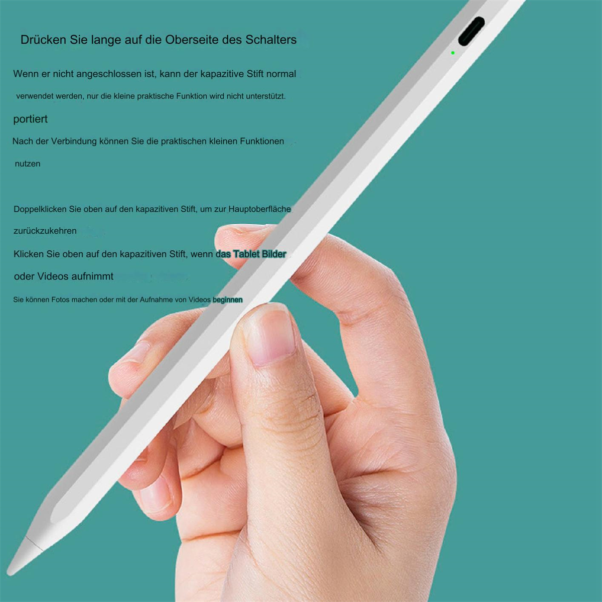Ein weißer Stift wird von einer Hand gehalten. Text auf Deutsch befindet sich auf der linken Seite.