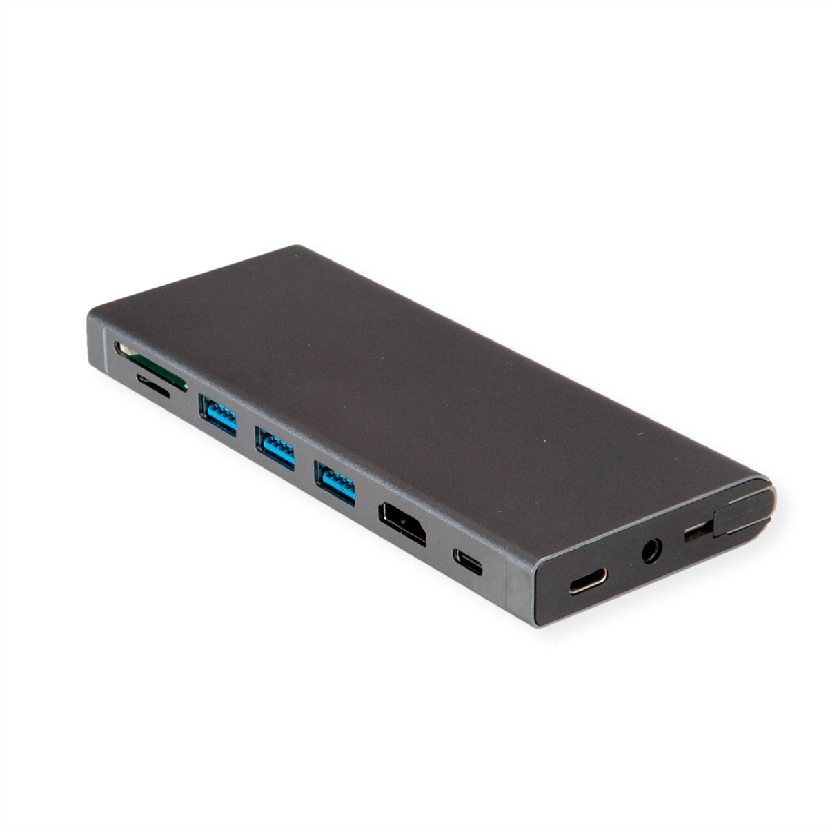 Un hub rectangulaire gris foncé avec plusieurs ports, dont USB, HDMI et un connecteur USB-C.