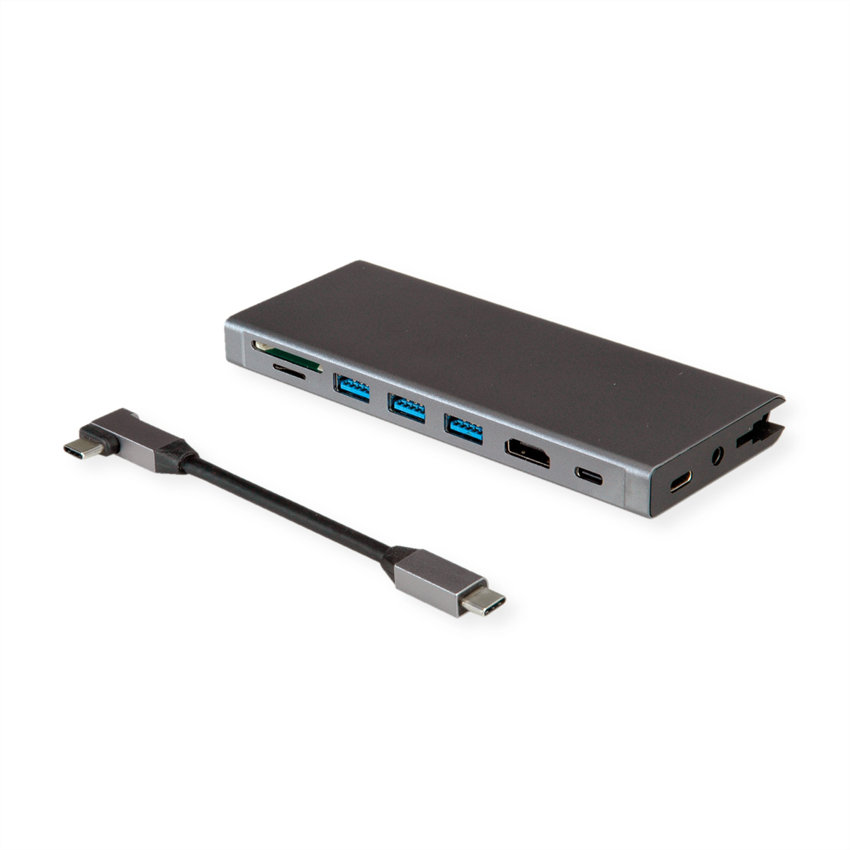 Un hub USB argenté et gris avec plusieurs ports et un câble connecté.