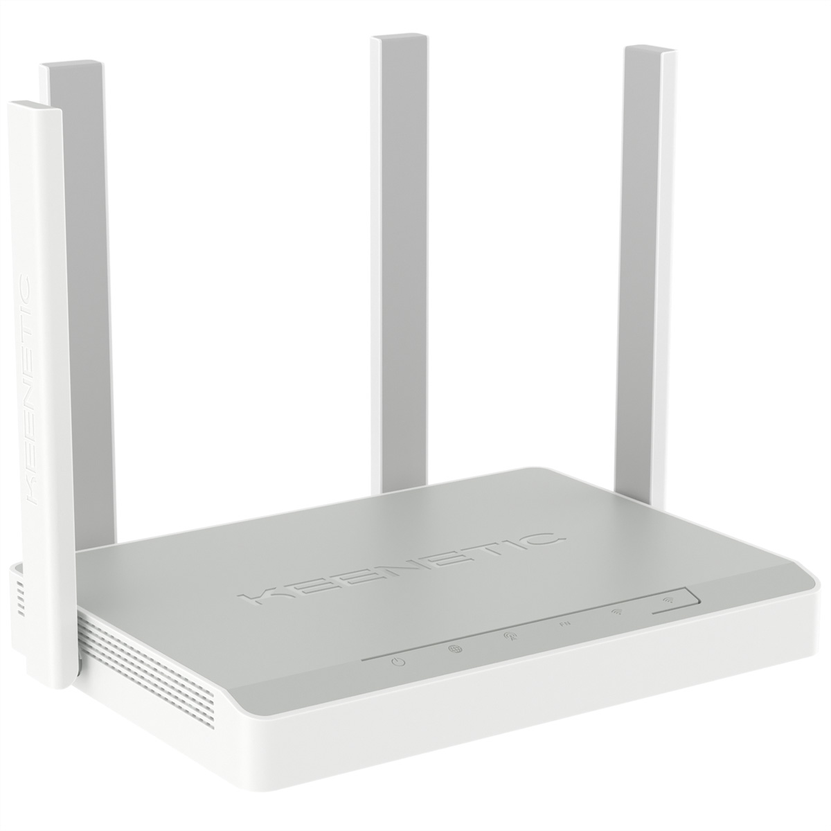 Biały router z czterema antenami, prosty design.