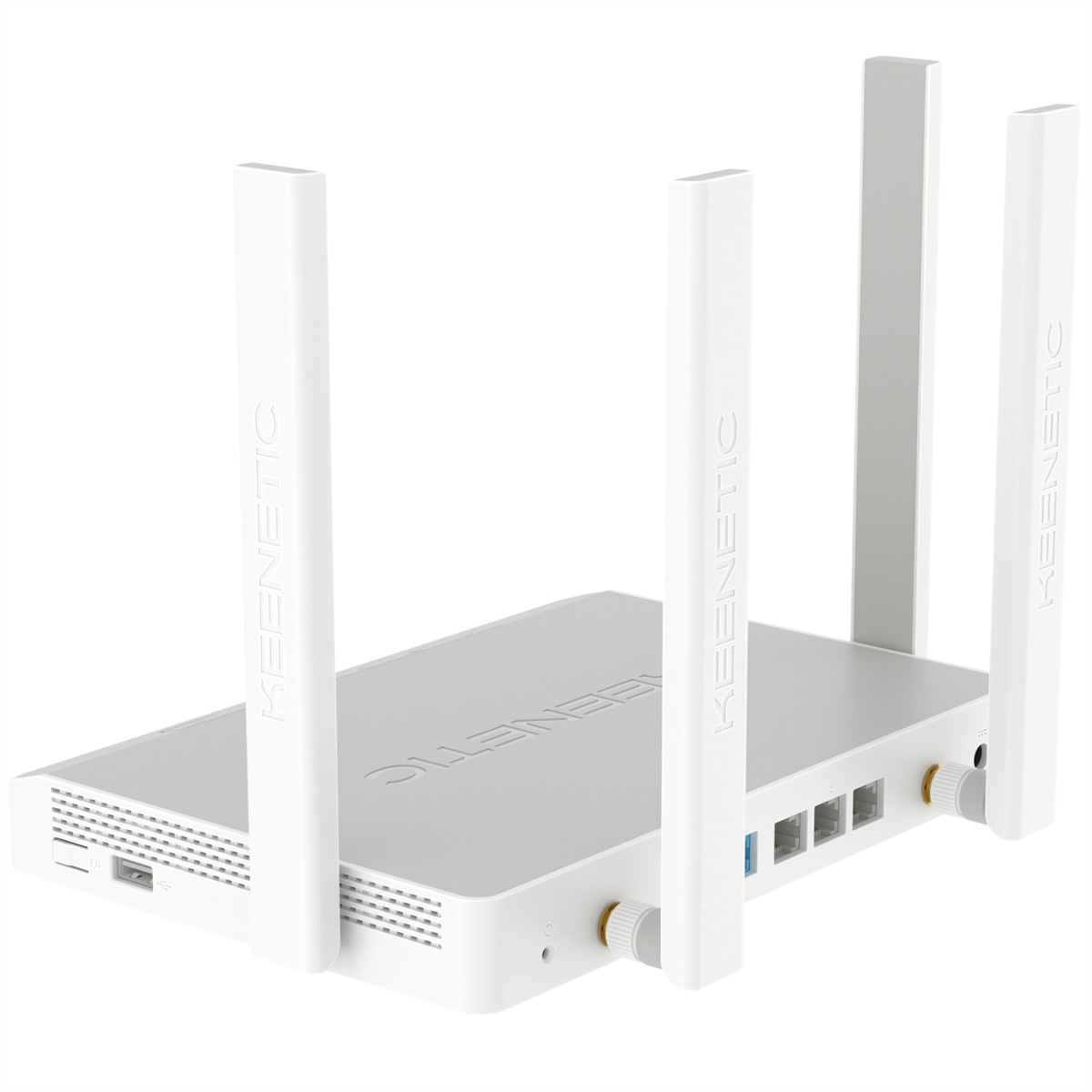 Biało-szary router Keenetic z czterema białymi antenami.