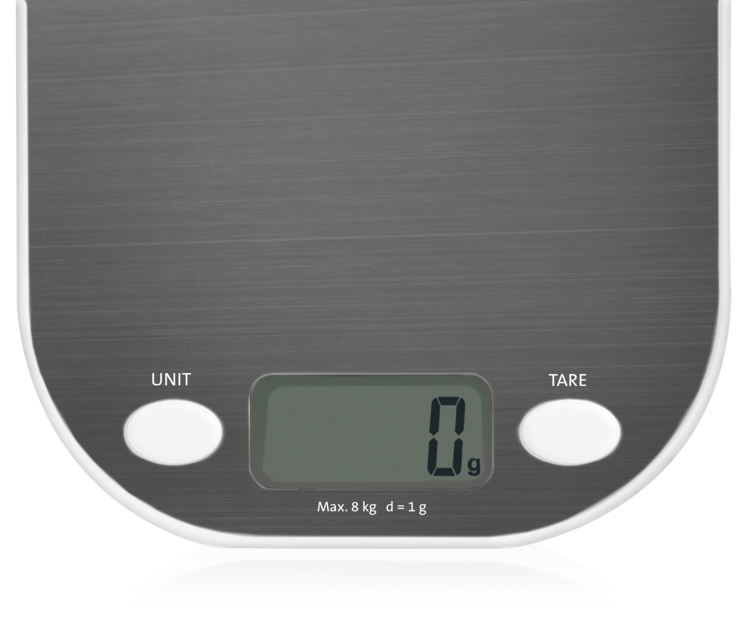 Digitale Küchenwaage mit Anzeige '0.g'. Zwei Knöpfe: Einheit, Tara. Max. 8 kg, d=1 g.