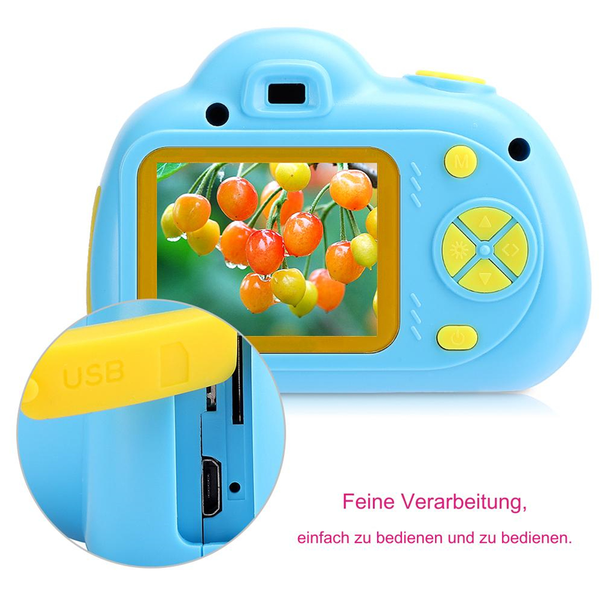 Eine blaue Kinderkamera mit einem Bildschirm, der orangefarbene und gelbe Früchte zeigt, mit USB-Anschluss.