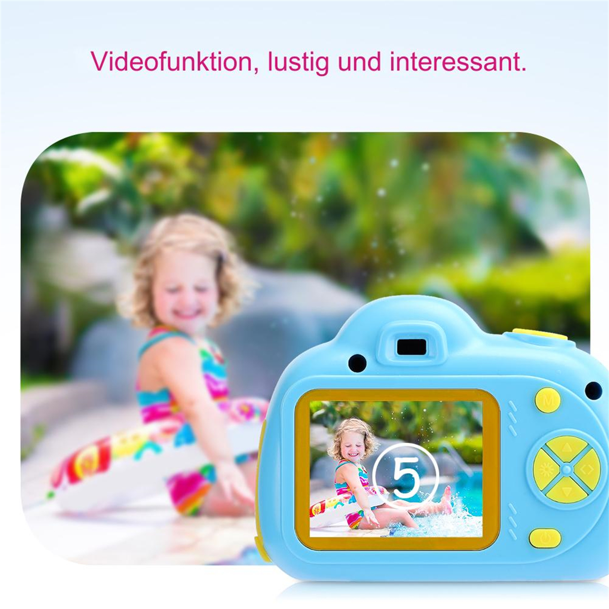 Blaue Spielzeugkamera mit Bildschirm, der ein Mädchen im Wasser zeigt. Text: 'Videofunktion'.