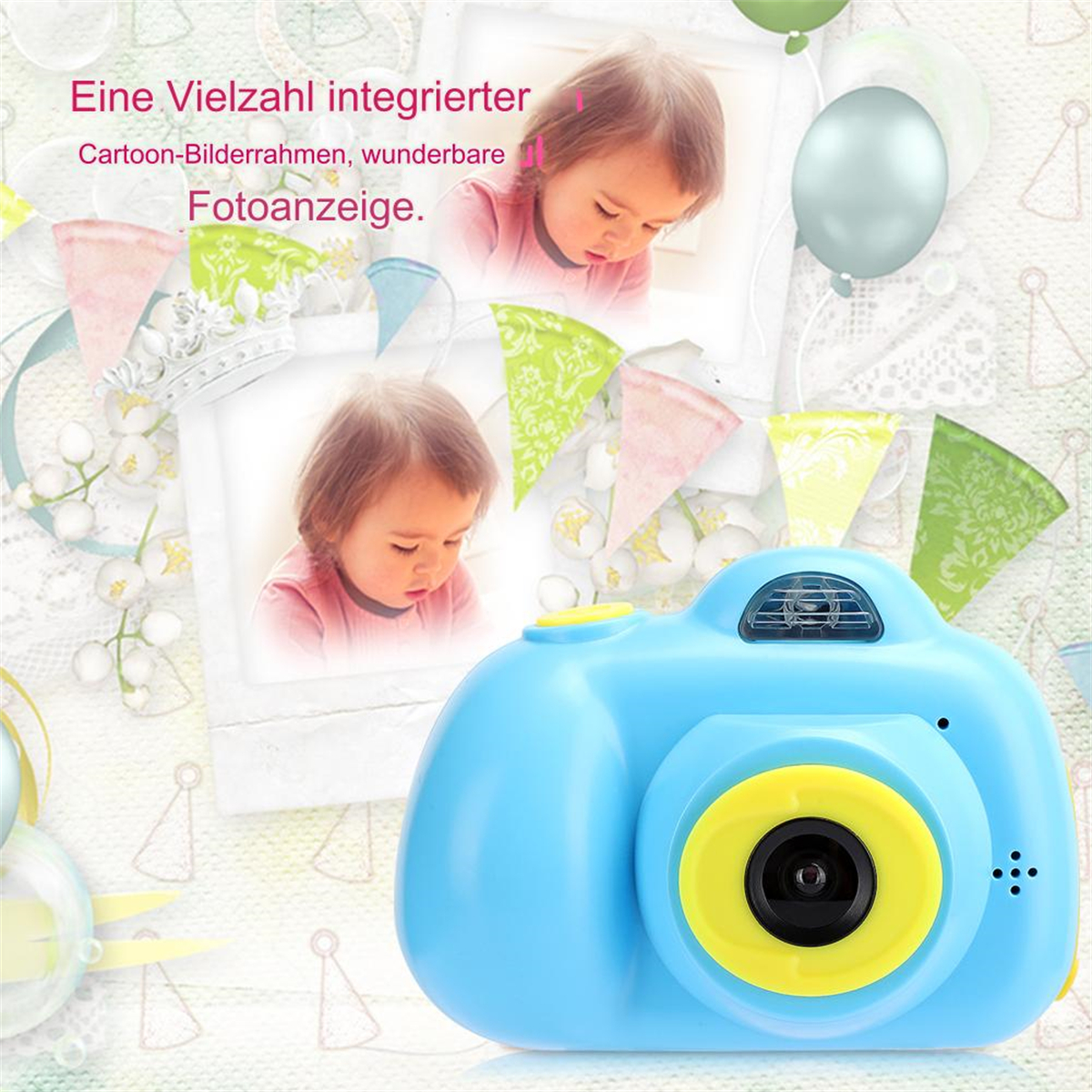Blaue Spielzeugkamera mit zwei Babyfotos und Luftballons, auf dekorativem Hintergrund.