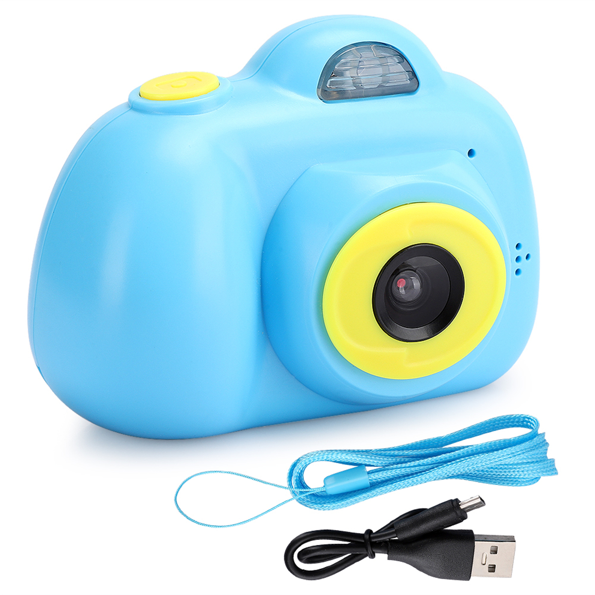 Eine blaue Kinderkamera mit gelbem Knopf und Objektiv. Sie hat ein blaues Umhängeband und ein Ladekabel.