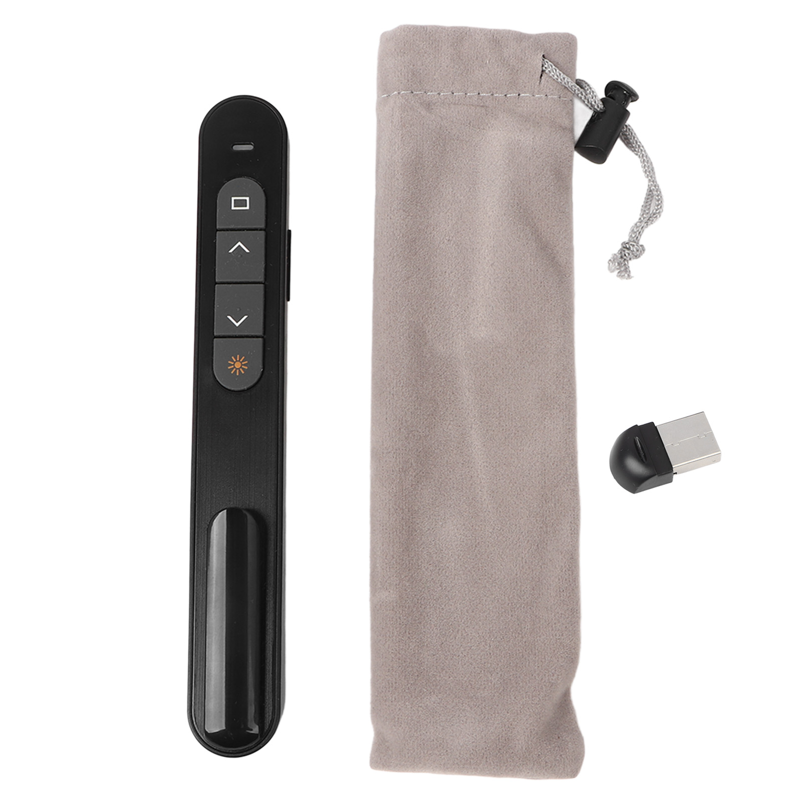 Eine schwarze Präsentationsfernbedienung mit Tasten und einem USB-Empfänger sowie einem grauen Beutel.