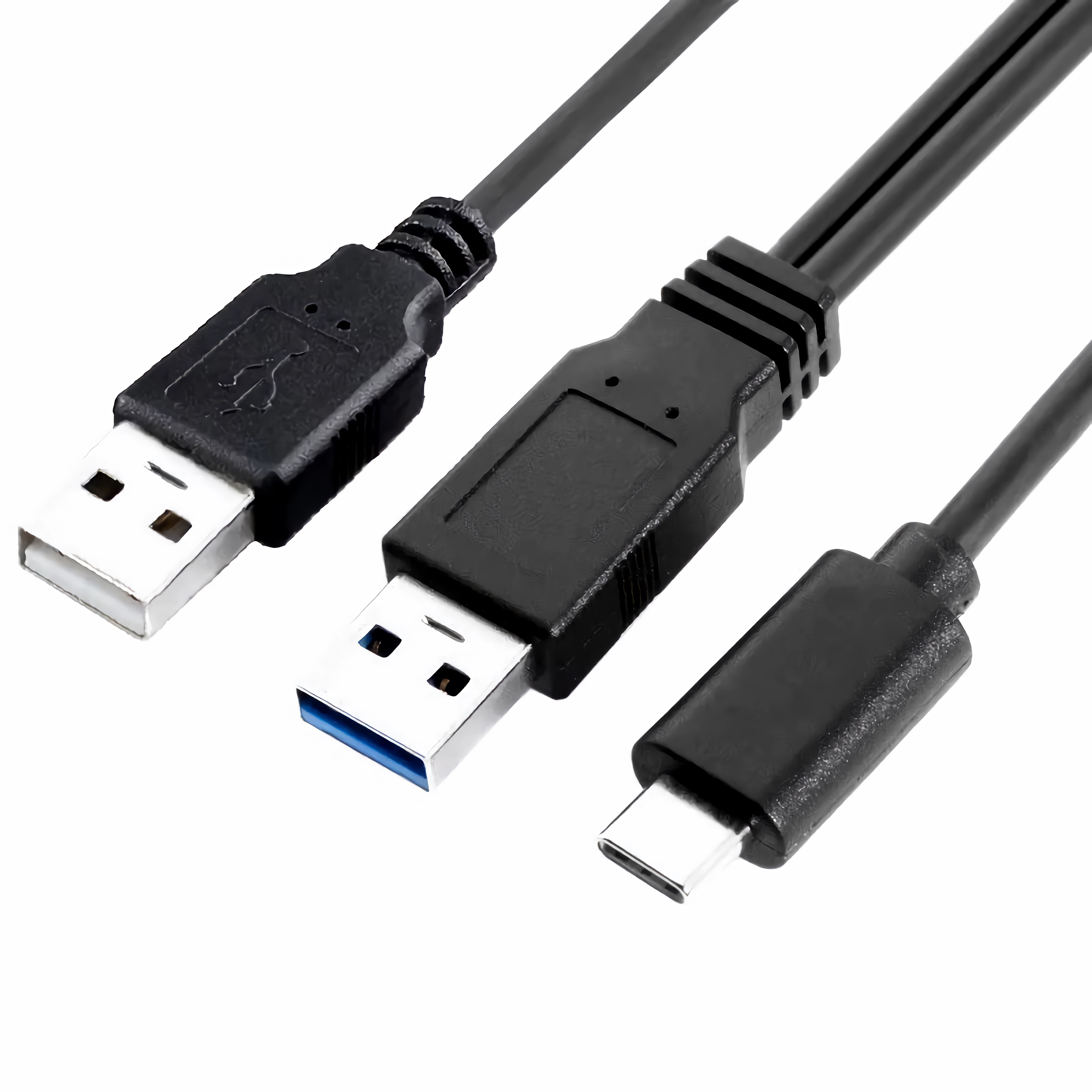 Drei schwarze USB-Kabel mit verschiedenen Anschlüssen: USB, USB 3.0 und USB-C.