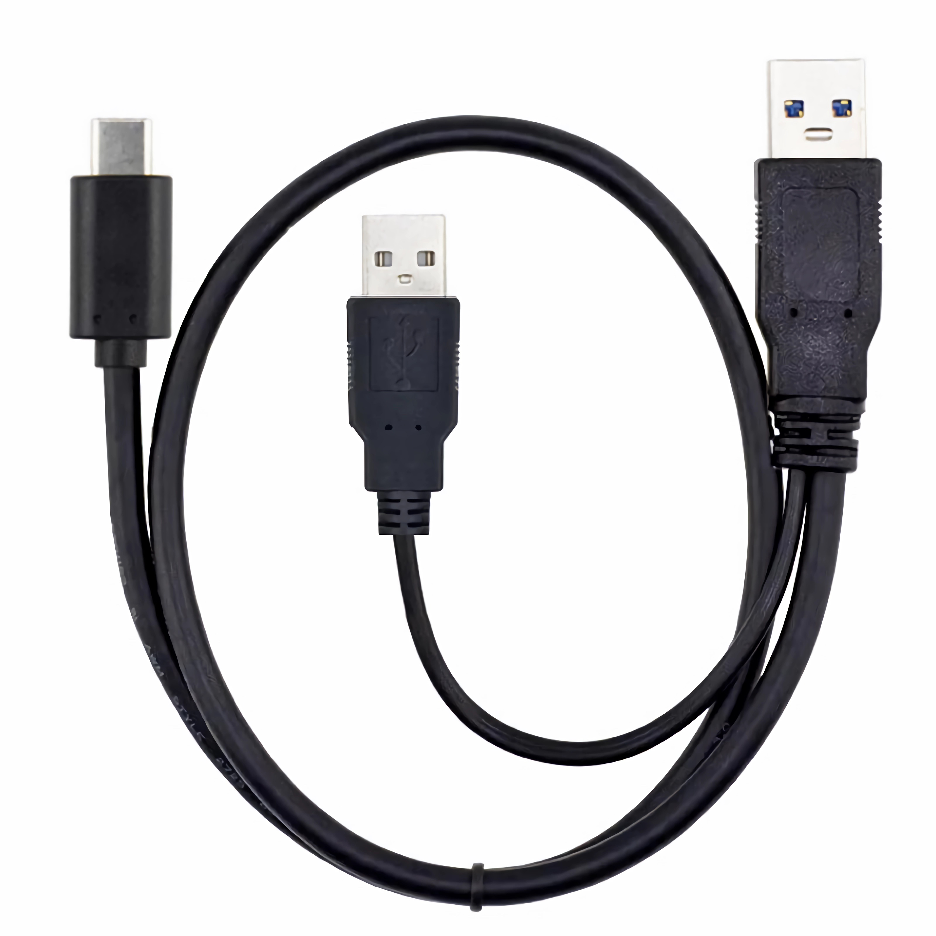 Schwarze USB-Kabel mit mehreren Anschlüssen: USB-C, USB und ein kleinerer USB.