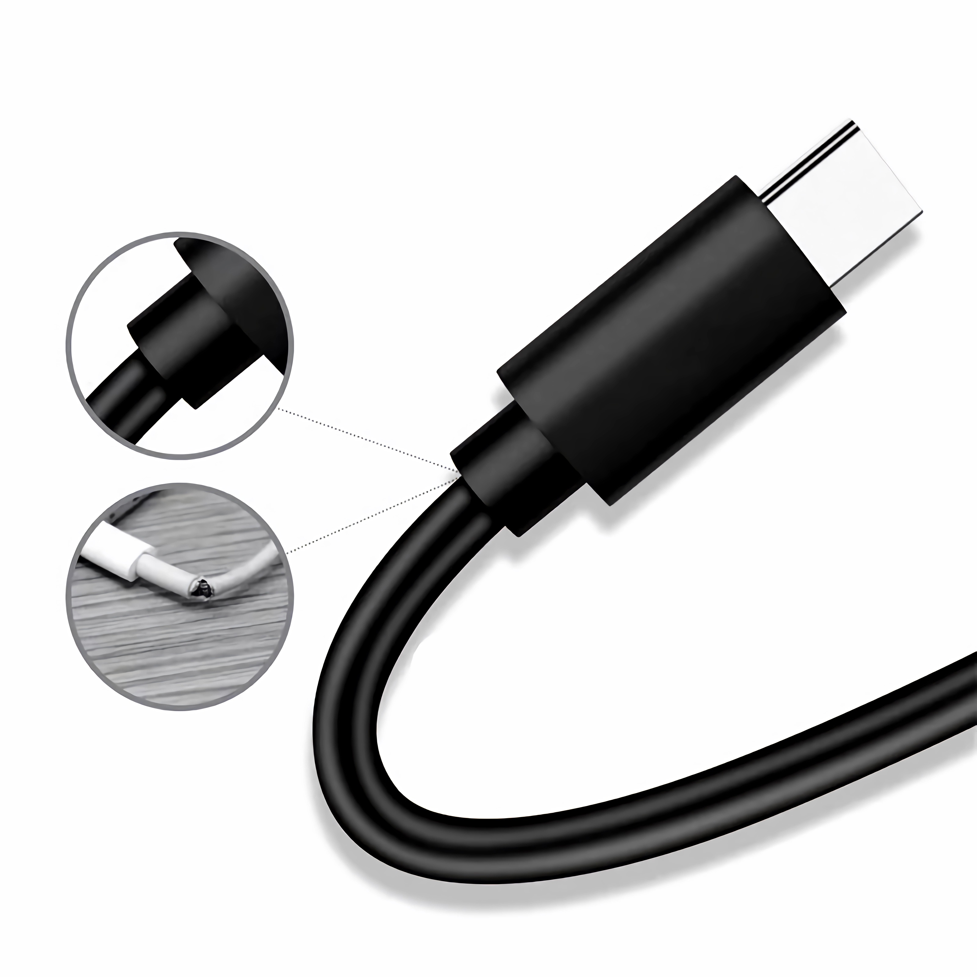 Schwarzes USB-C-Kabel mit Nahaufnahmen seiner Anschlüsse, auf weißer Oberfläche.