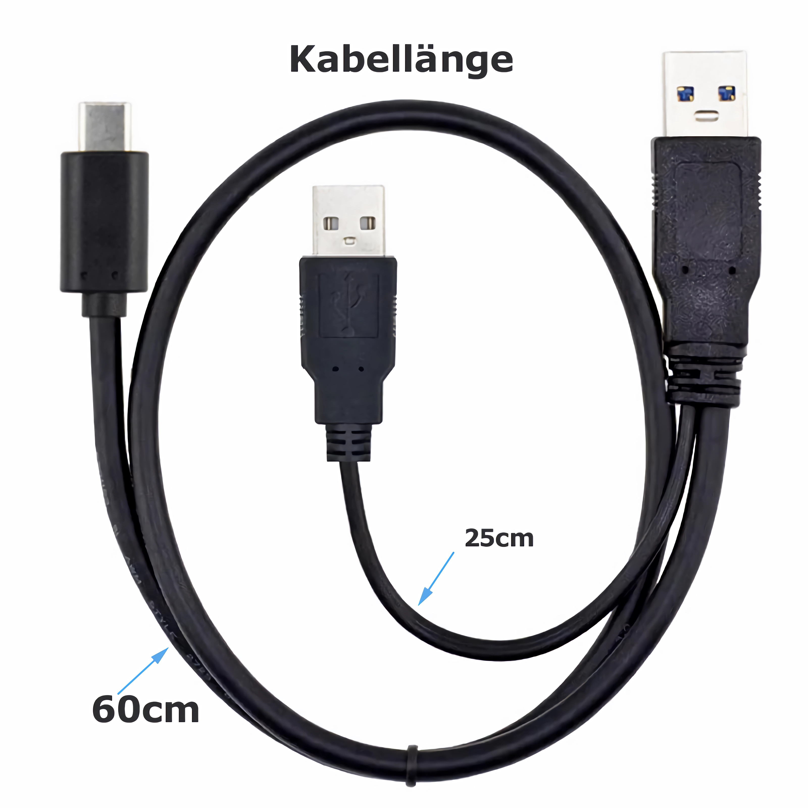 Schwarze USB-Kabel, Typ-C, USB und Standard-USB, mit Längenangaben 60cm und 25cm auf weißem Hintergrund.