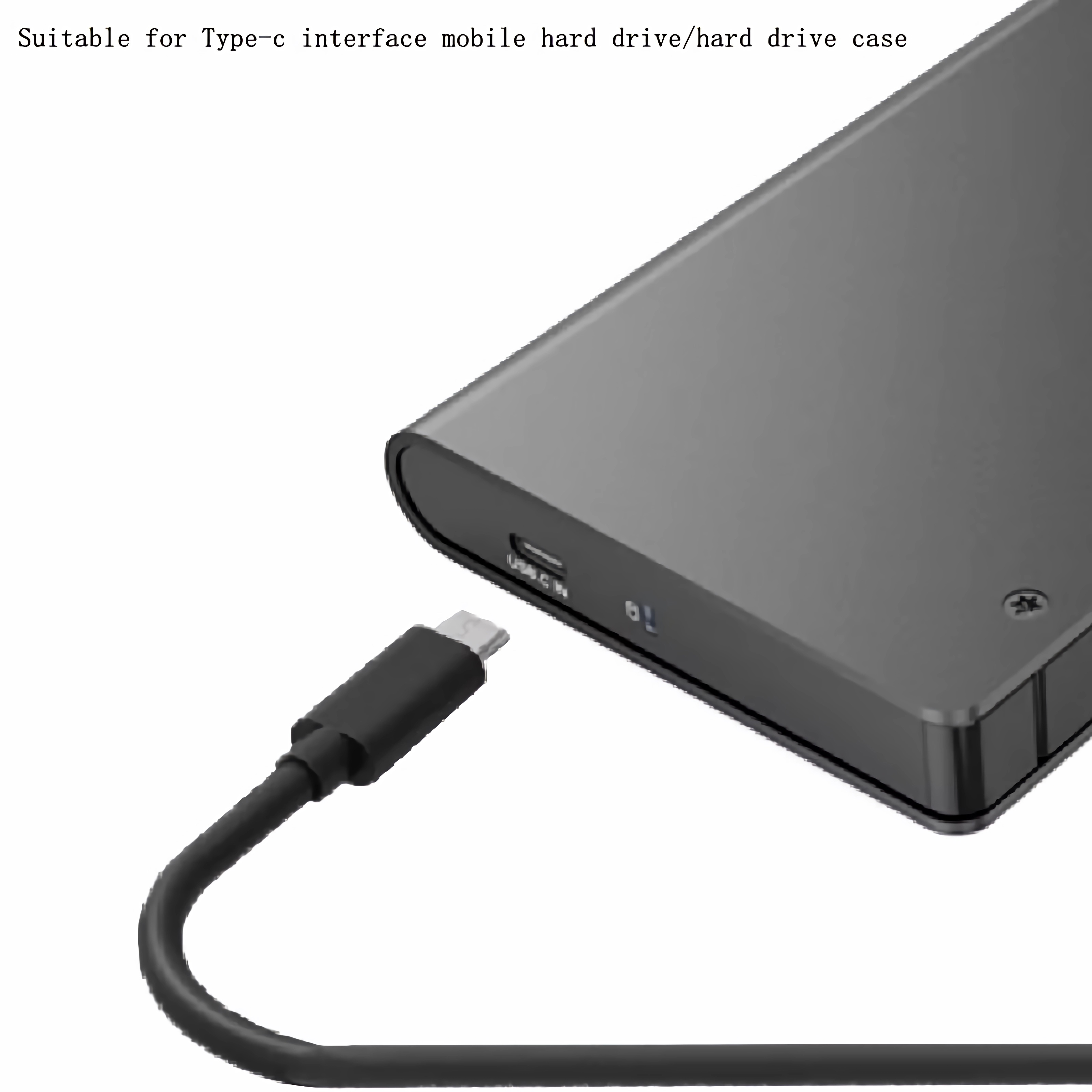 Schwarzes Festplattengehäuse mit angeschlossenem USB-C-Kabel.