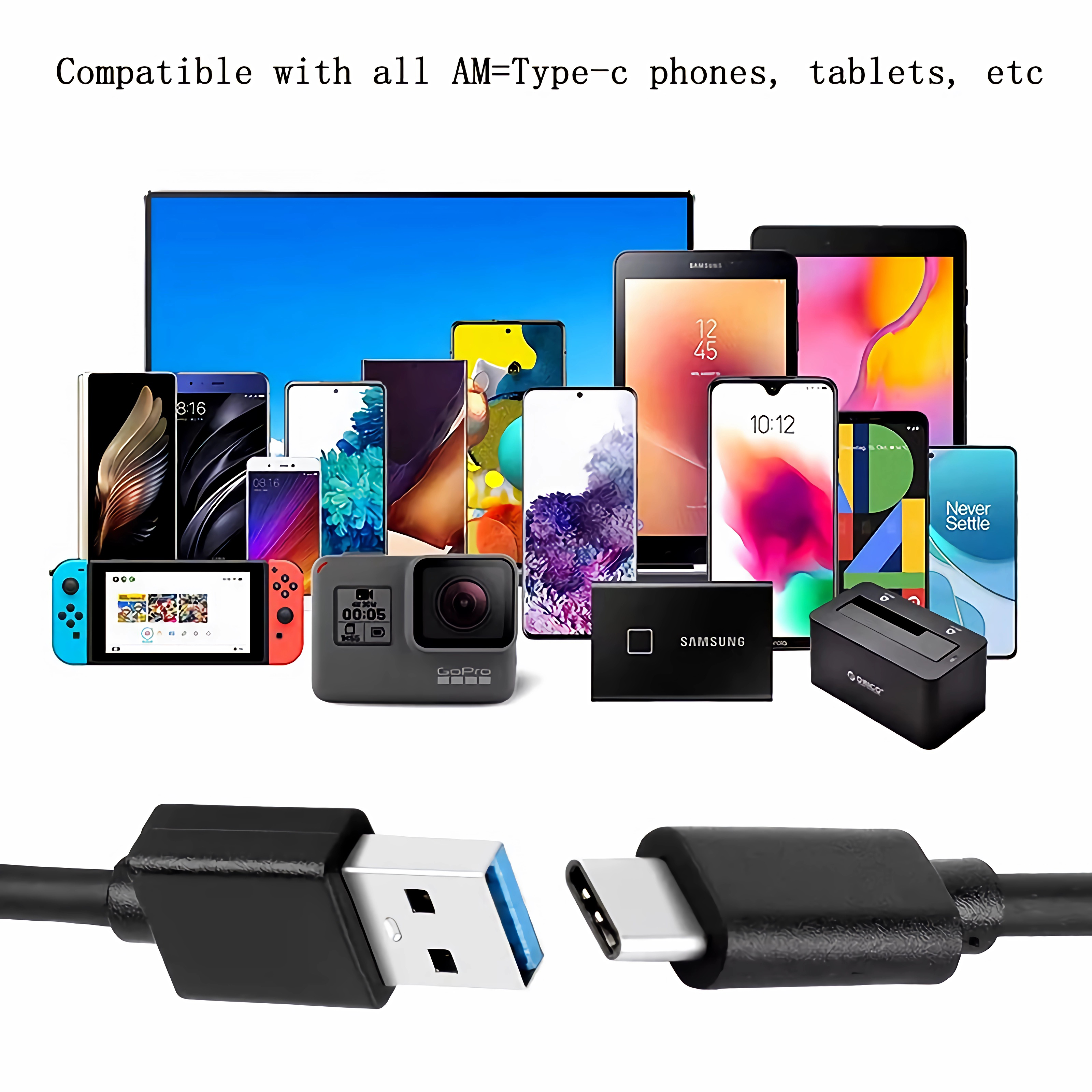 Verschiedene Geräte, darunter Telefone, Tablets, eine Kamera und Kabel, mit einem USB-C-Kabel im Vordergrund.