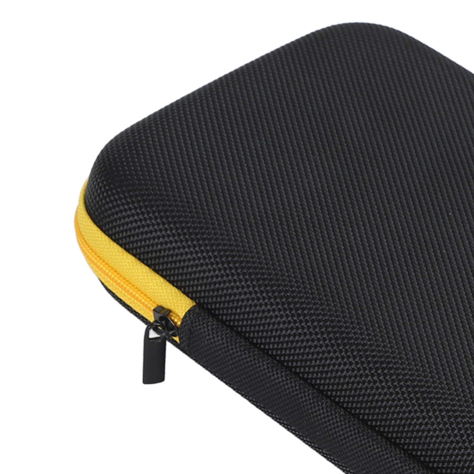 Ein schwarzes Etui mit Reißverschluss und gelbem Reißverschluss. Das Etui ist strukturiert.