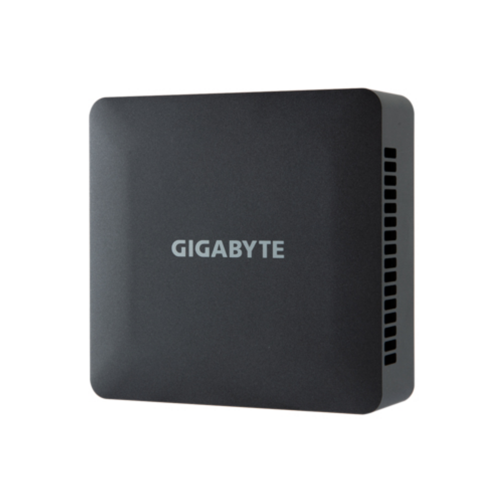 Un mini PC nero Gigabyte con prese d'aria laterali.