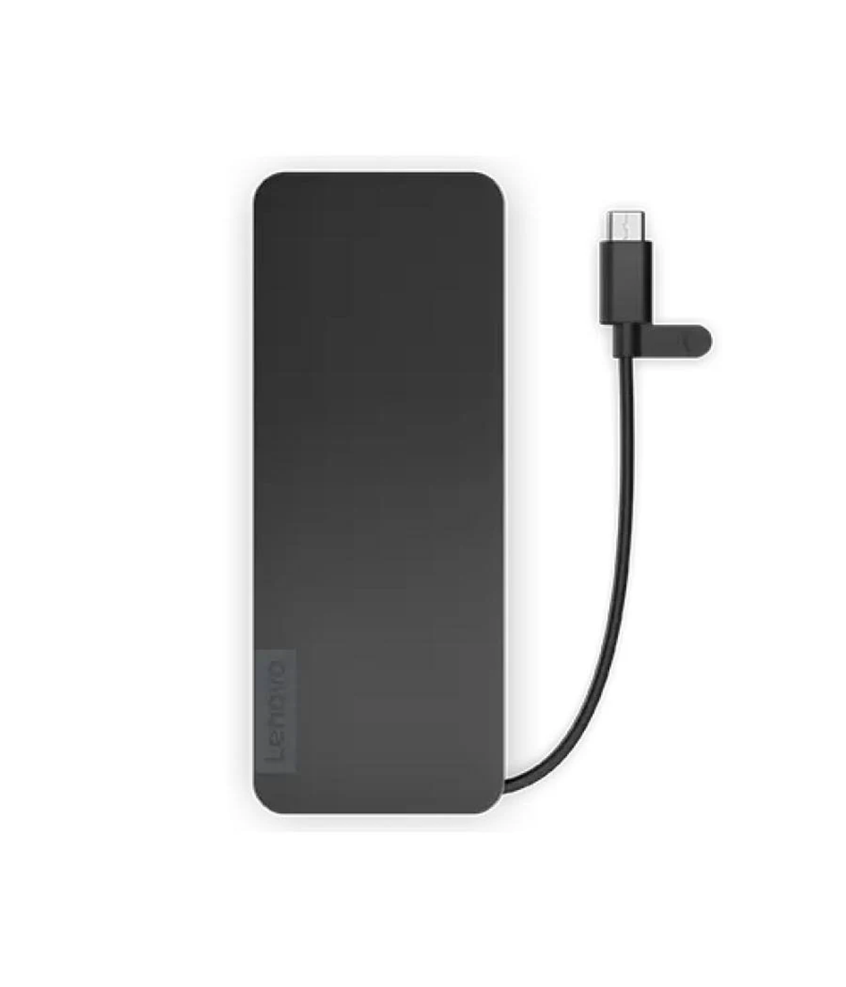 Batería externa negra con un cable USB-C conectado. El logotipo de Lenovo es visible.