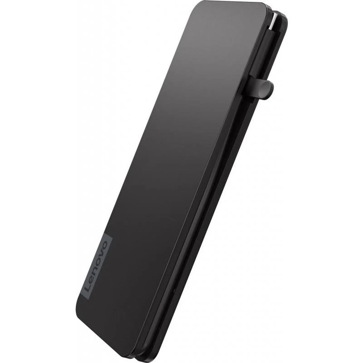 Tableta Lenovo negra cerrada. El logotipo de Lenovo es visible. La tableta está en ángulo, mostrando su perfil lateral.
