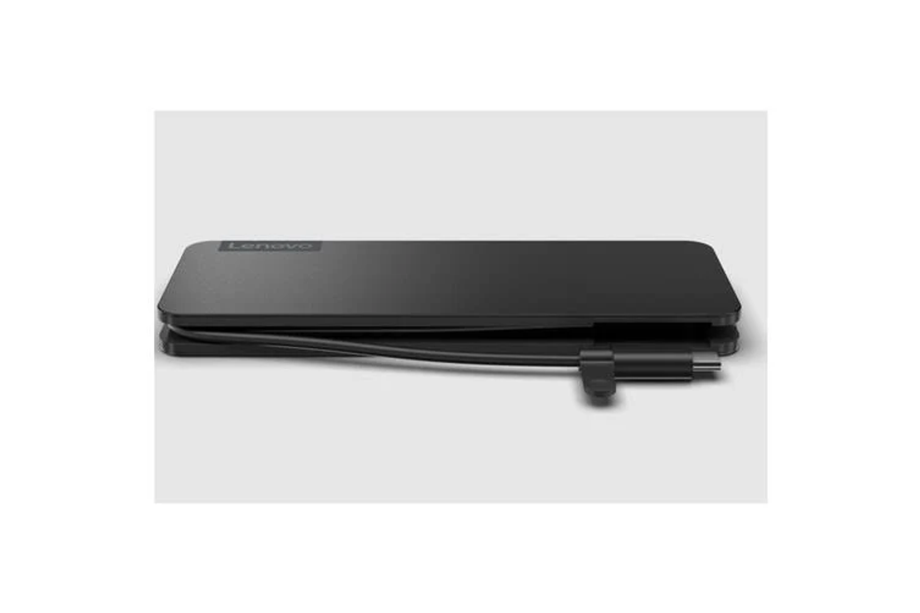 Dispositivo Lenovo negro plegado con puerto USB-C y cable que sale del lado.