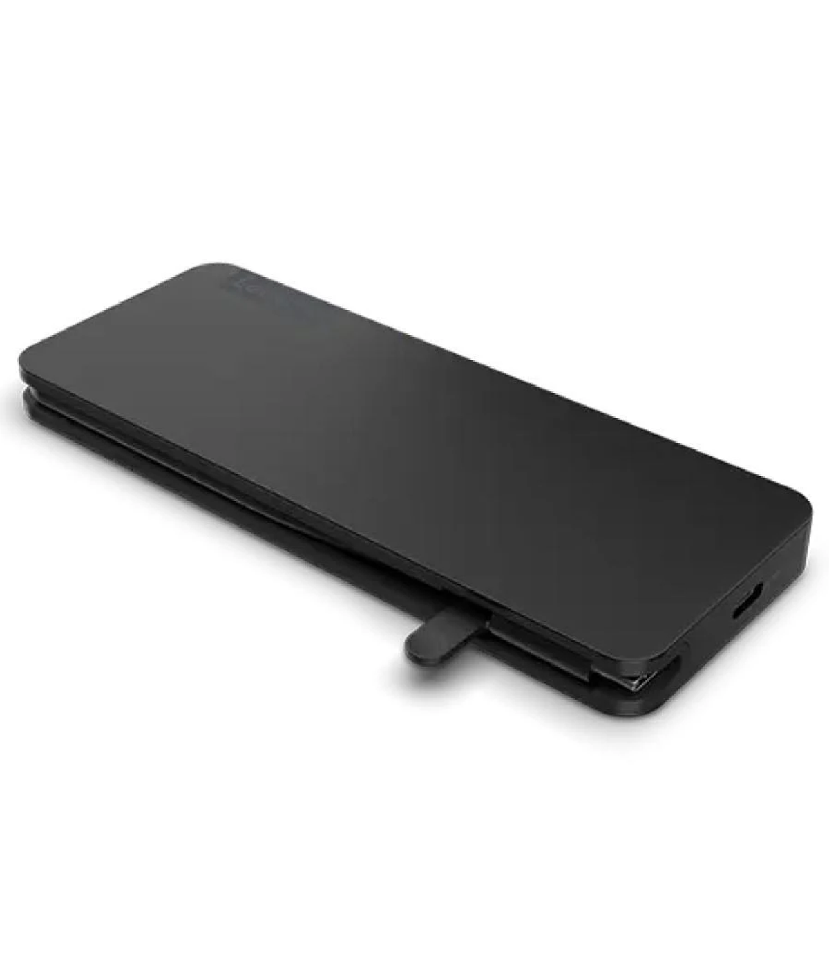 Una tableta plegable negra, cerrada, con una pequeña pestaña para abrirla.