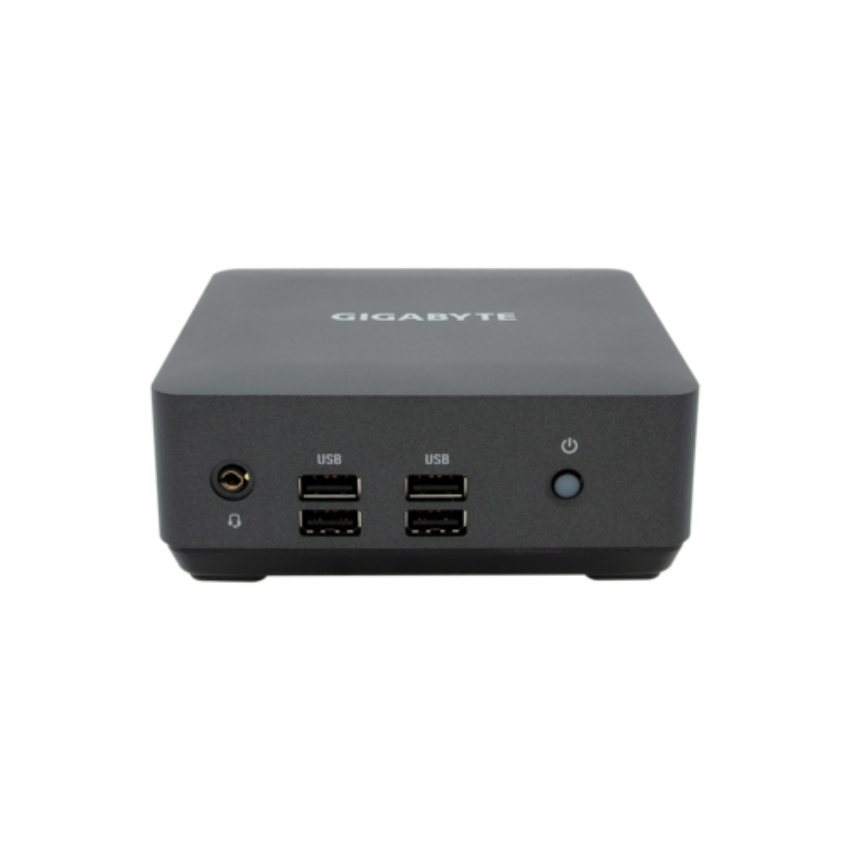 Un mini PC nero con logo Gigabyte, fronte con 4 porte USB, jack cuffie e pulsante di accensione.