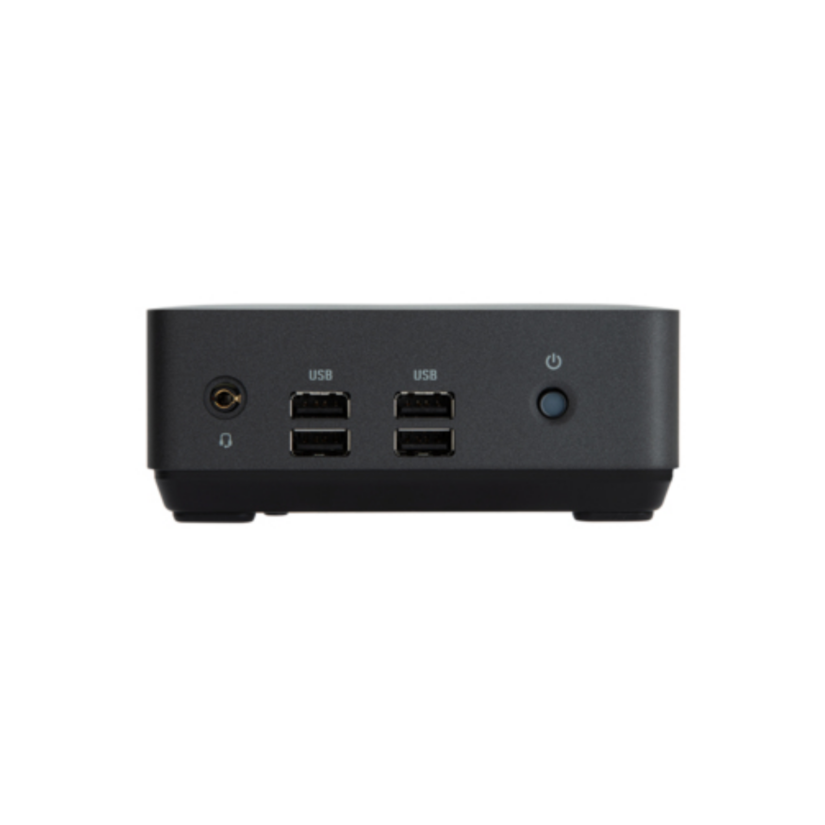 Mini PC nero con porte USB, jack per cuffie e pulsante di accensione.