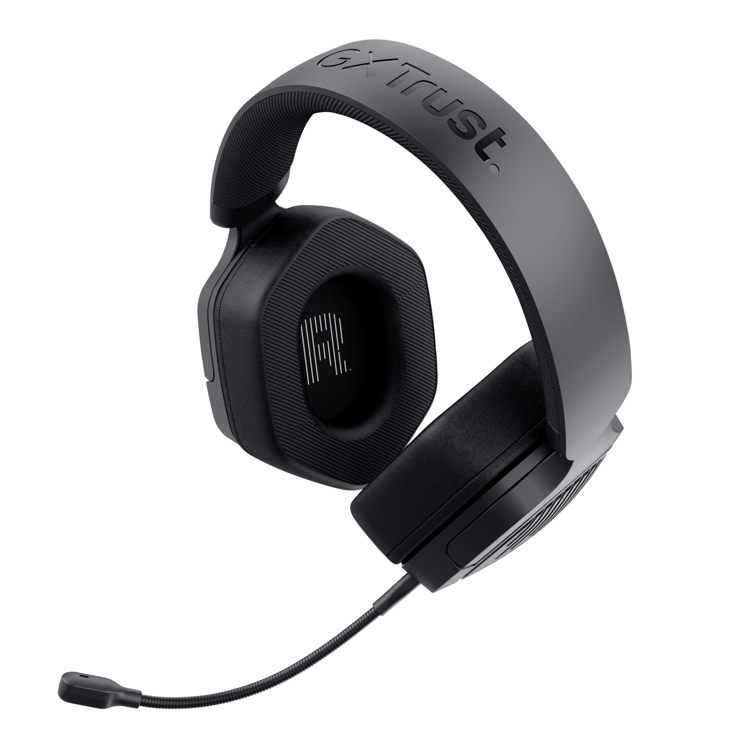 Czarne słuchawki dla graczy z wysuniętym mikrofonem, na czarnym tle.