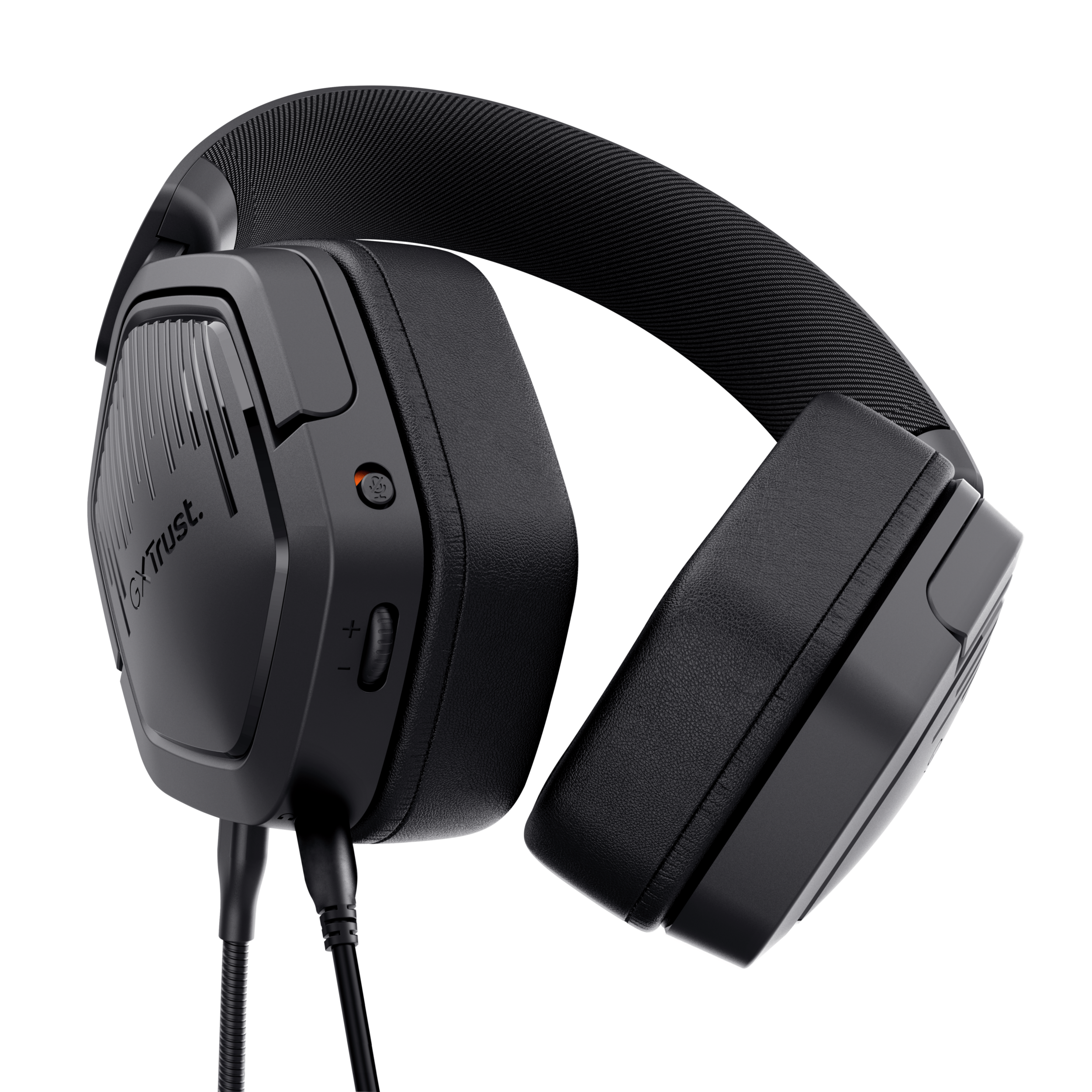 Czarne słuchawki z mikrofonem, na czarnym tle, widok z boku.