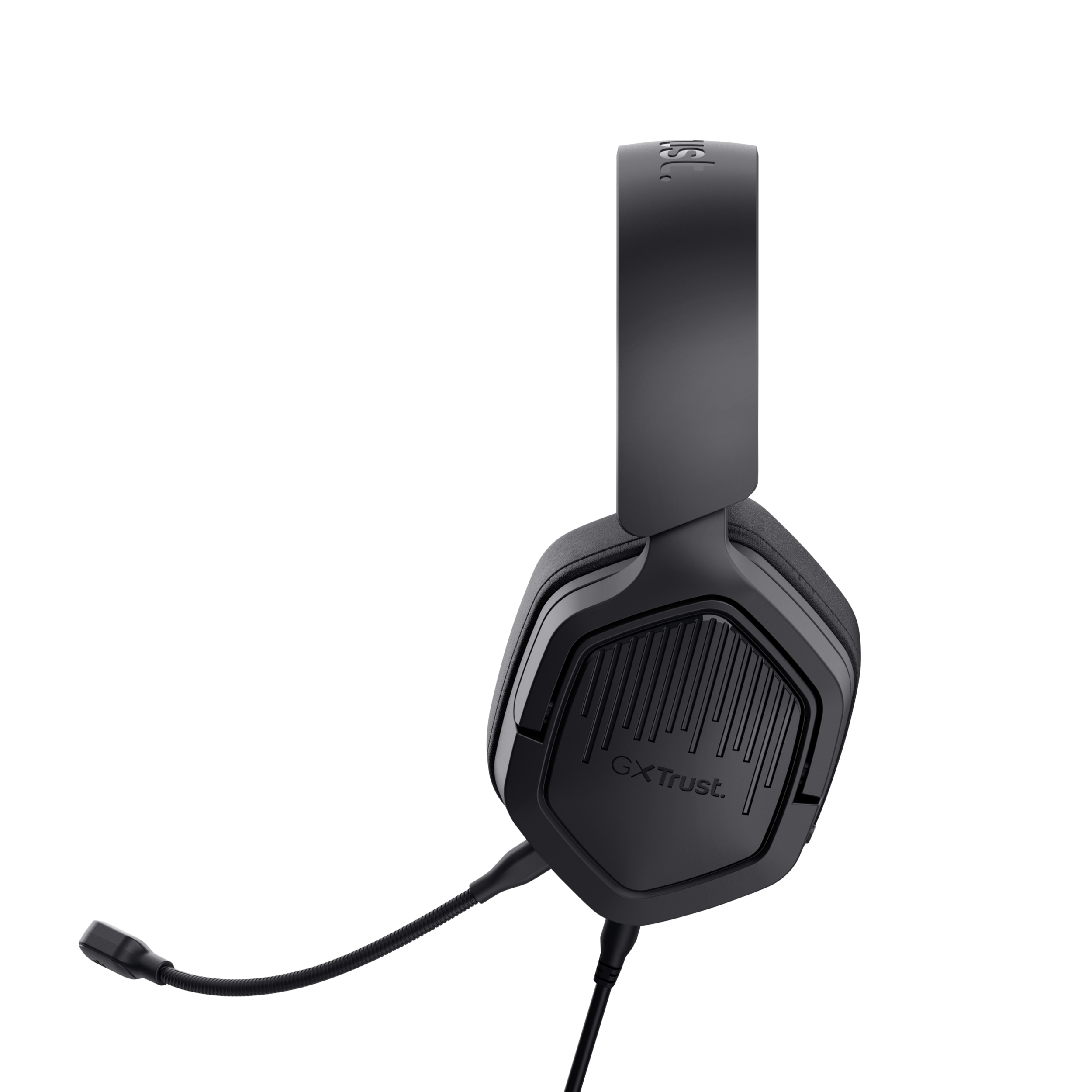 Czarny zestaw słuchawkowy dla graczy z mikrofonem, na ciemnym tle.