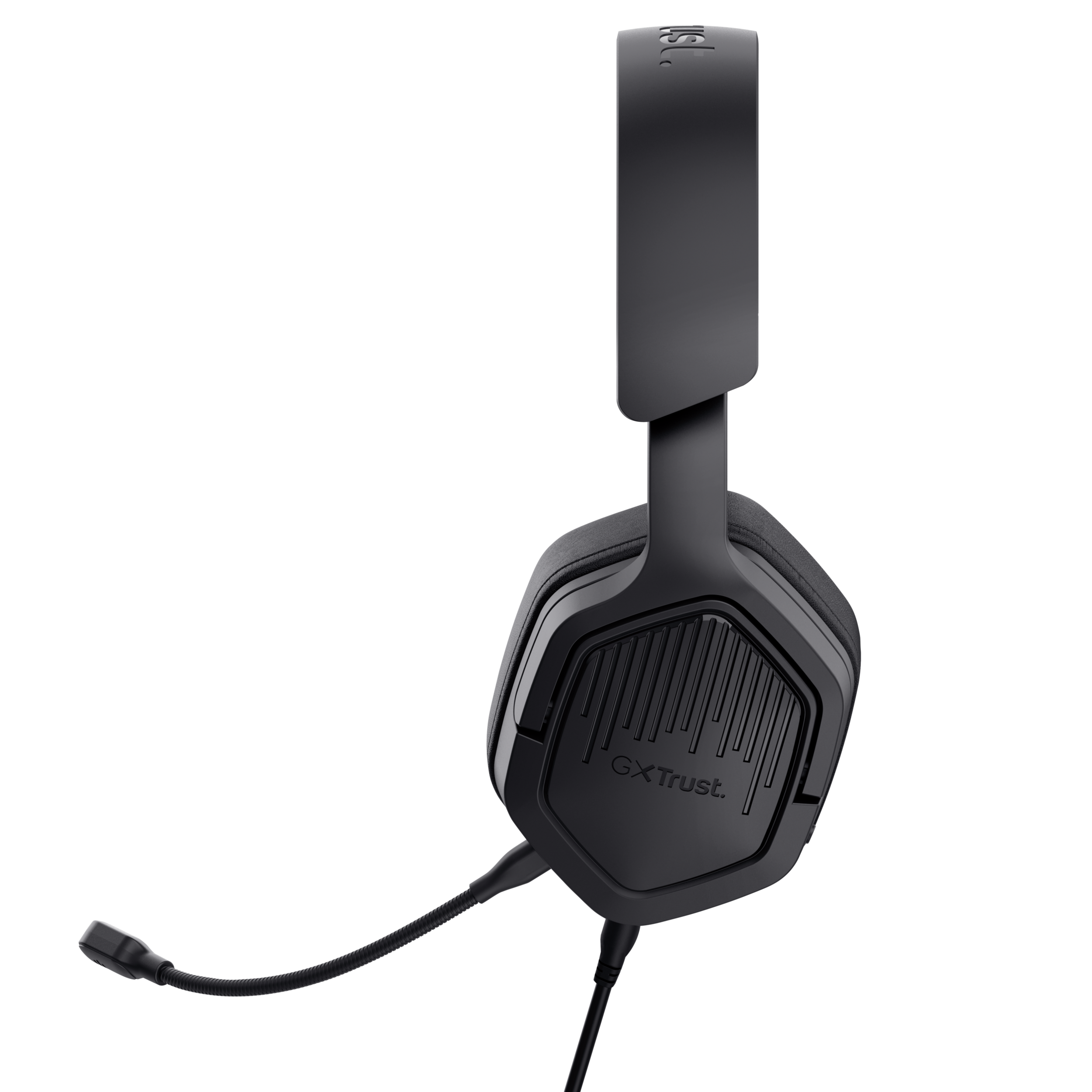 Czarne słuchawki dla graczy z mikrofonem na czarnym tle, z góry.