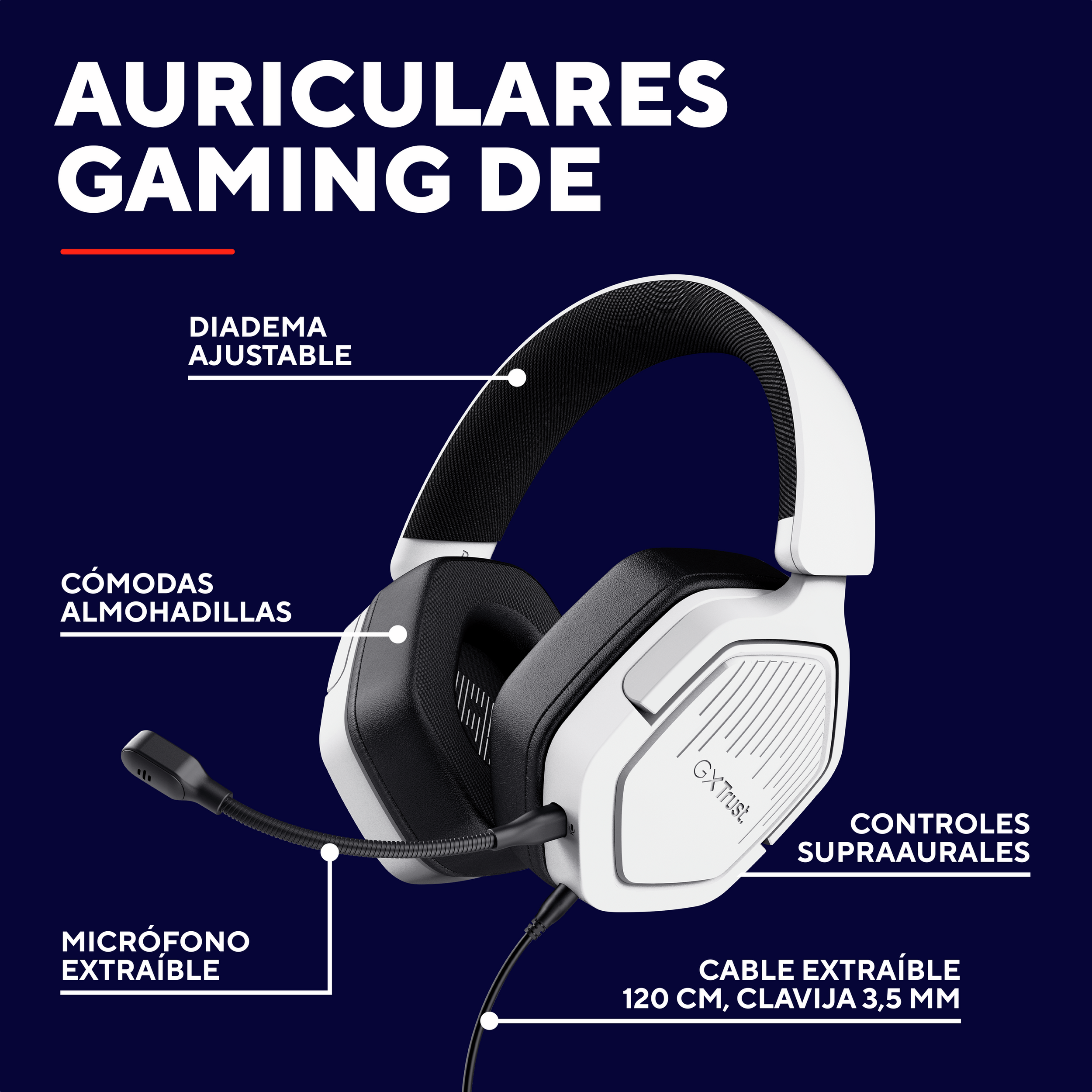 Białe słuchawki gamingowe z odłączanym mikrofonem, wygodnymi nausznikami i kontrolkami suprauralnymi.