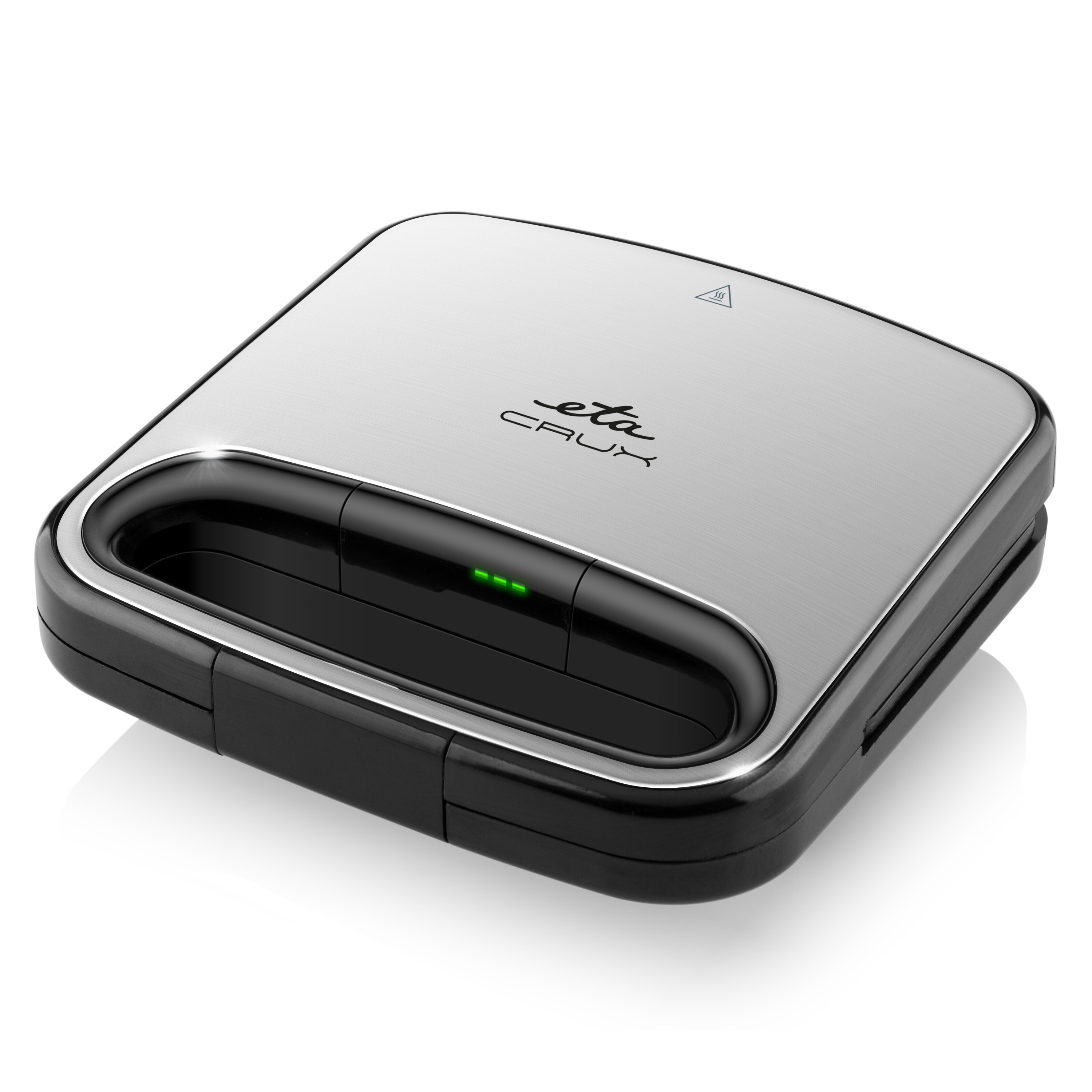 Toastiera argento e nera con spie luminose e manico nero.
