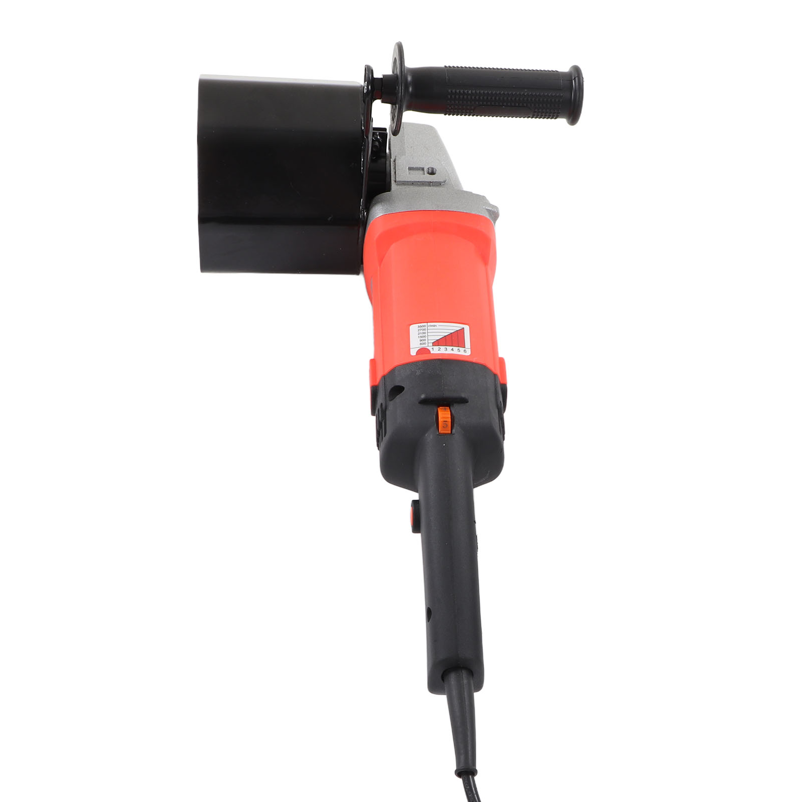 Ein orangefarbenes und schwarzes Elektrowerkzeug mit Griff und schwarzem Gehäuse.