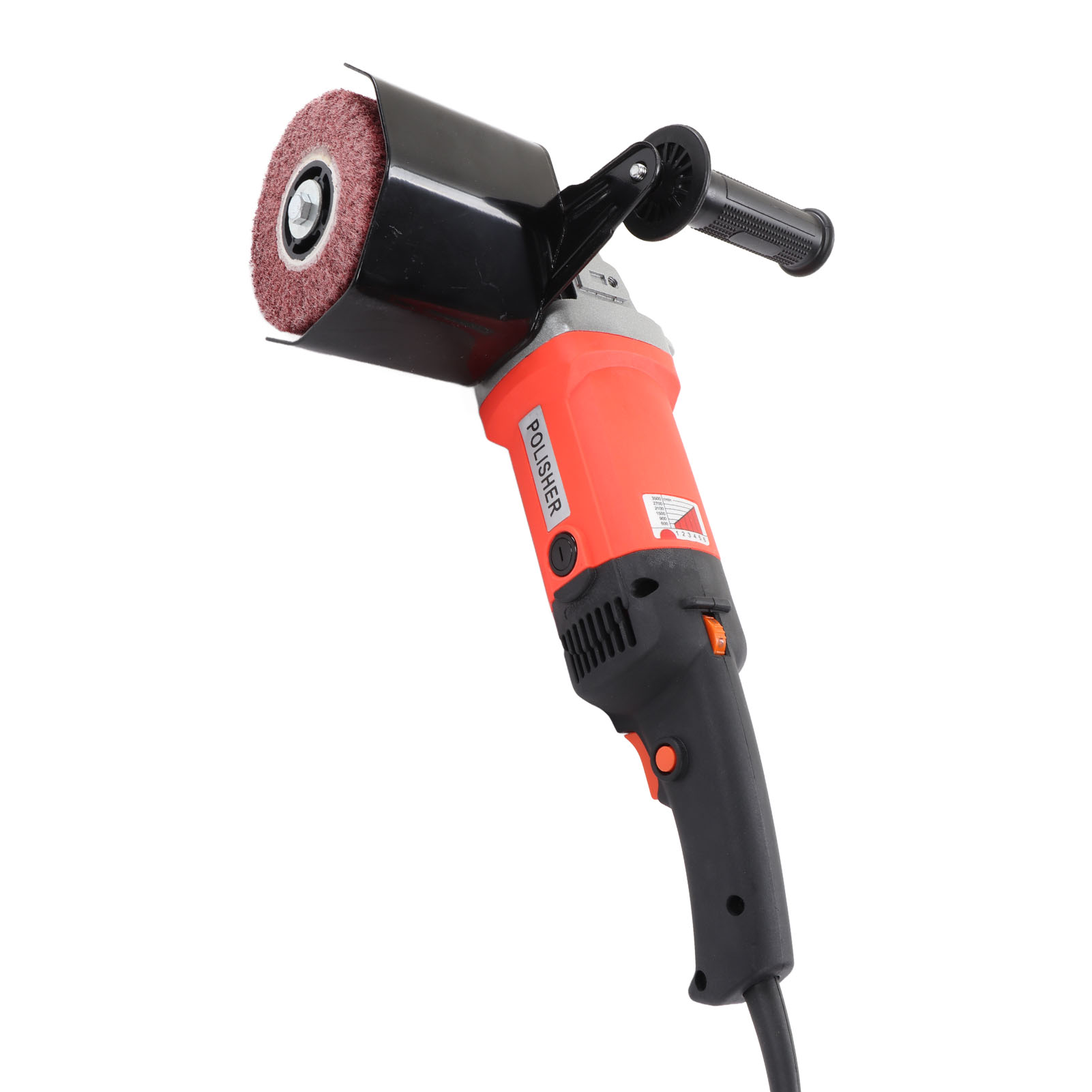 Ein orangefarbenes und schwarzes Poliermittel mit einem roten Polierrad. Das Werkzeug hat einen Griff.