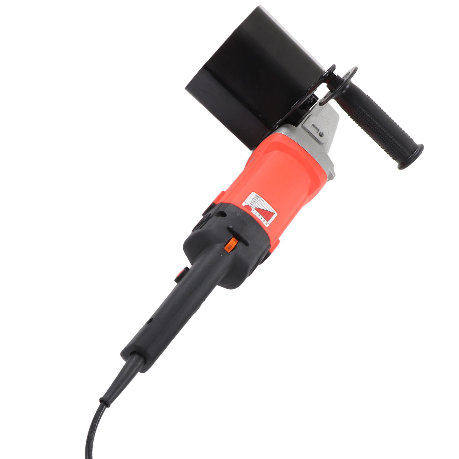 Oranger Winkelschleifer mit schwarzer Abdeckung und Griff. Das Kabel ist unten angeschlossen.