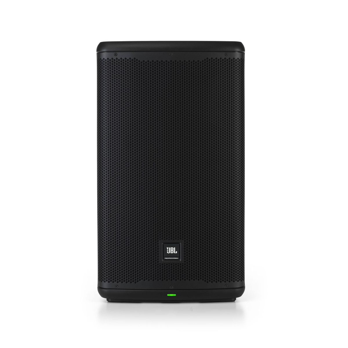 Black JBL speaker with a mesh front, the JBL logo, and a green power indicator.