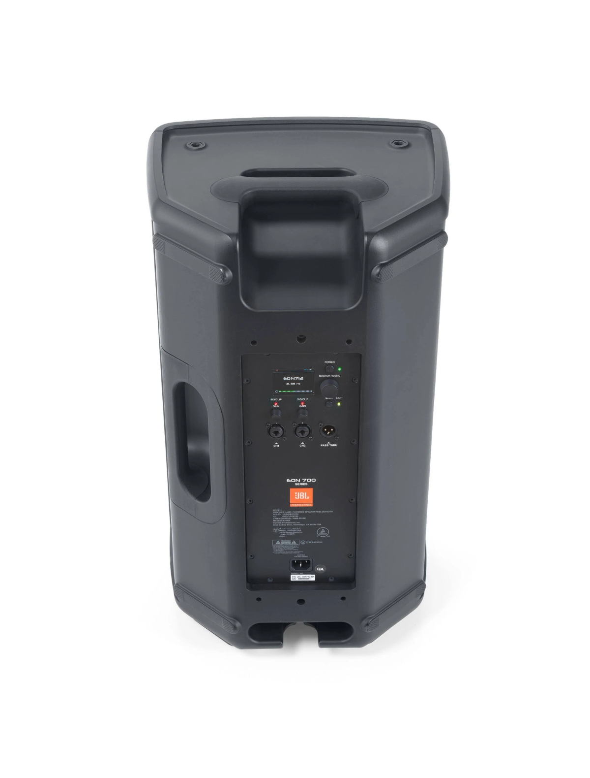 A black JBL speaker with control panel and connection ports. White background.