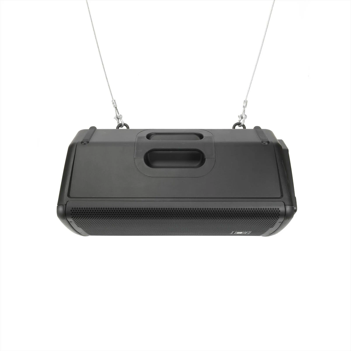 Black speaker suspended from wires. The speaker has a grill and is against white background.
