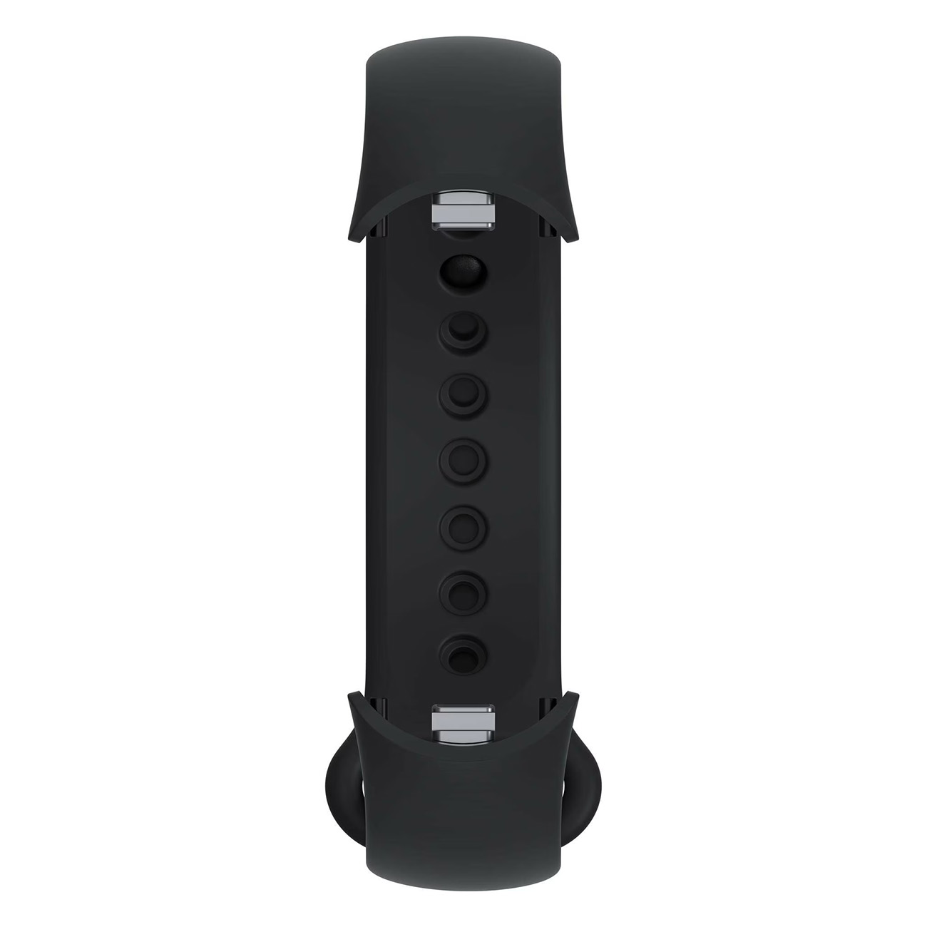 Cinturino nero per smartwatch con fori e due connettori. Primo piano, centrato su sfondo bianco.