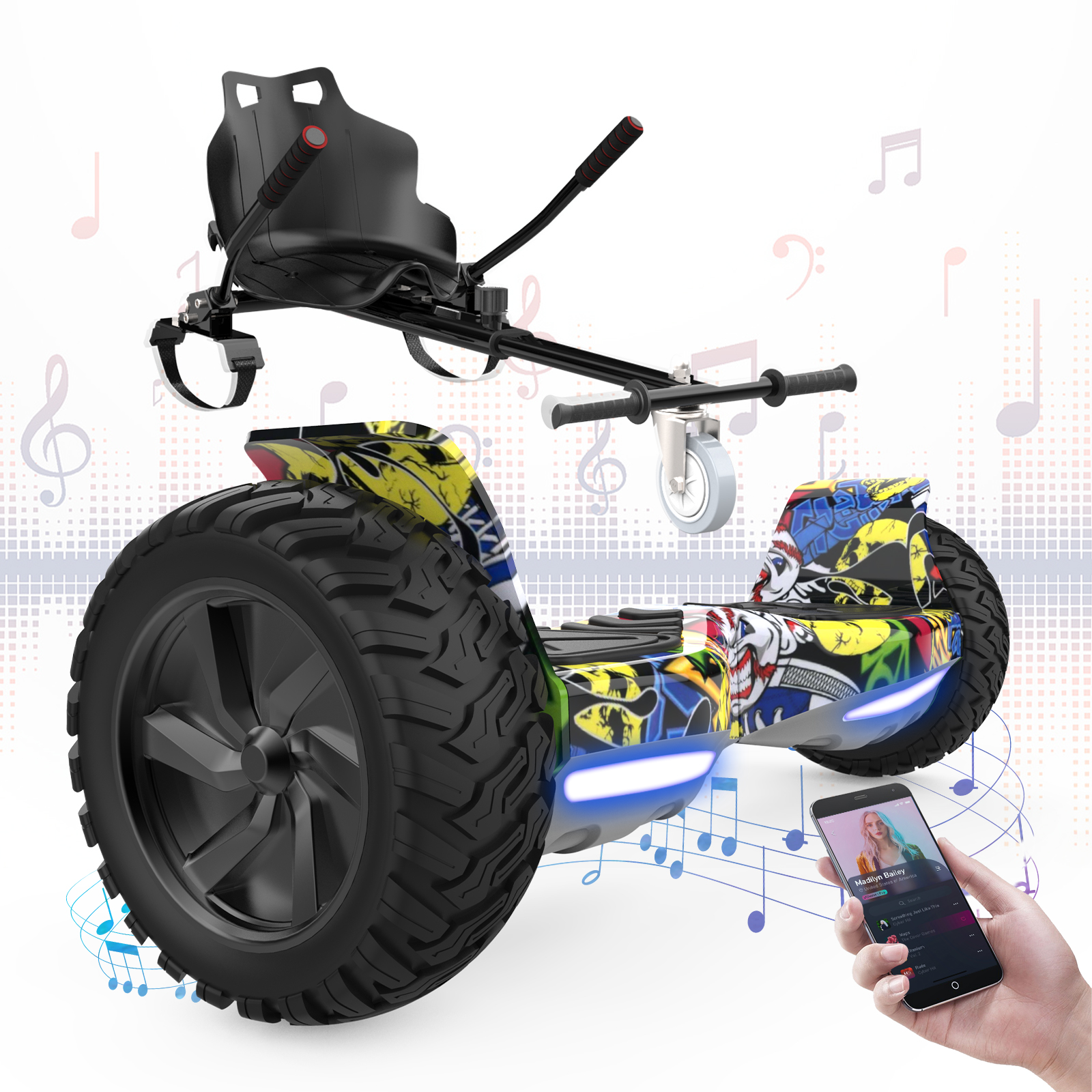 Hoverboard con sedile e grafica. Il dispositivo ha un sedile e un manubrio. Circondato da note musicali.