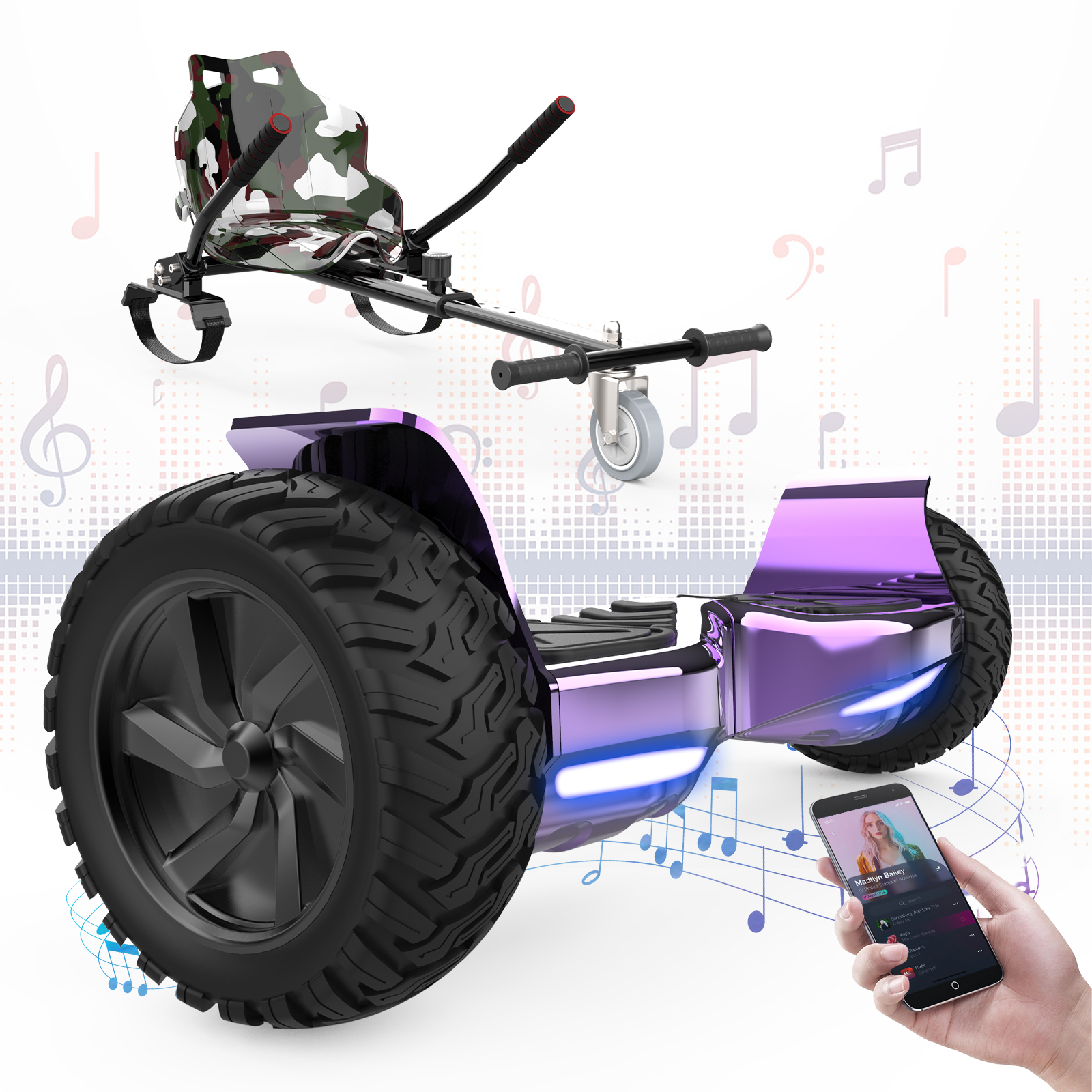 Un hoverboard viola con attacco per sedile. Un telefono riproduce musica. Note musicali sullo sfondo.