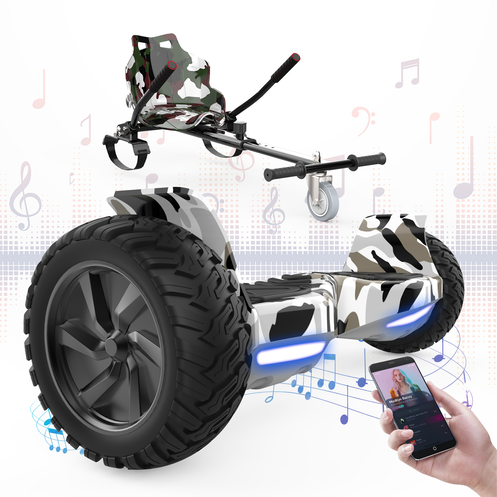 Hoverboard con sedile davanti, un telefono con app musicale e note musicali su sfondo bianco.