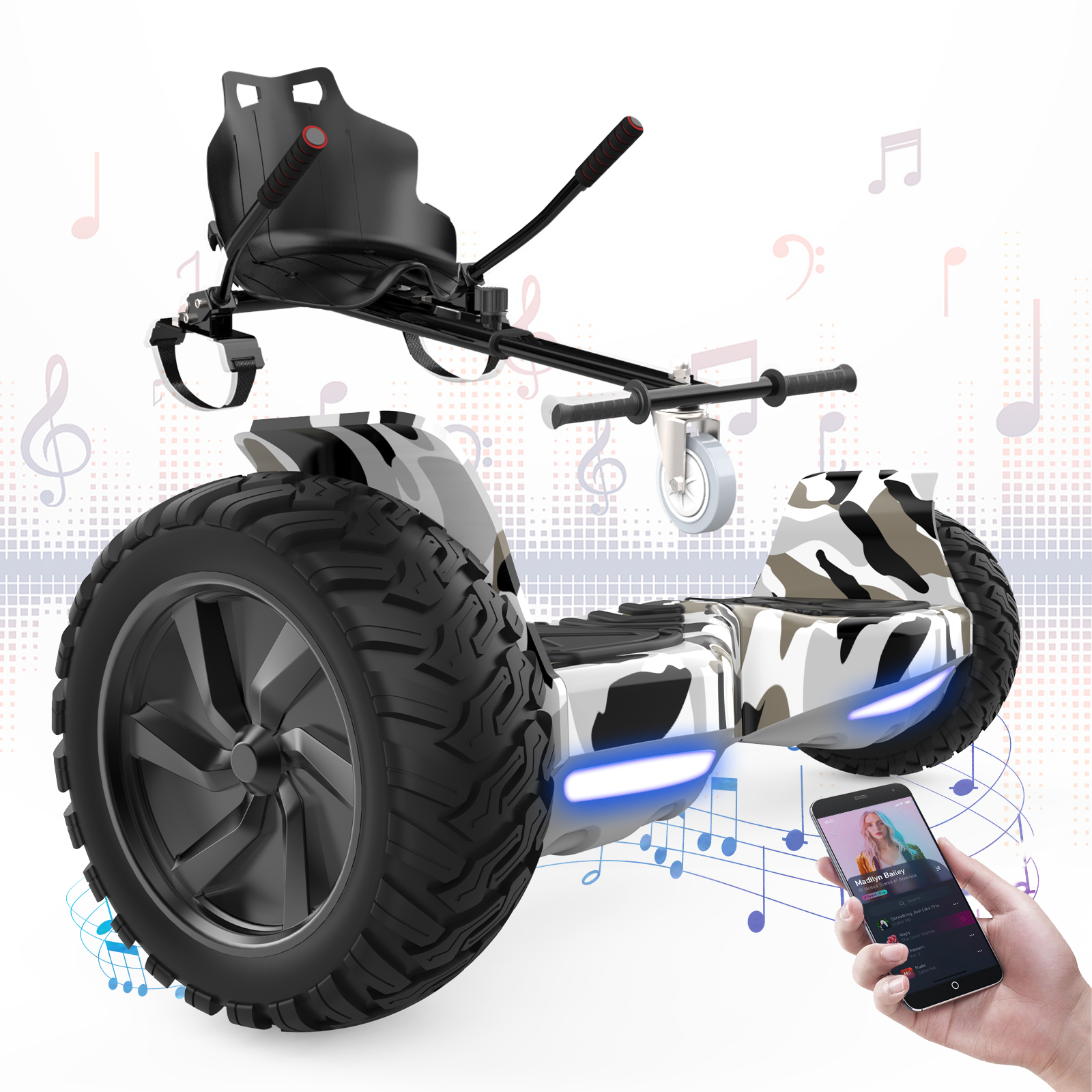 Hoverboard con attacco per sedile, riproduce musica da un telefono.