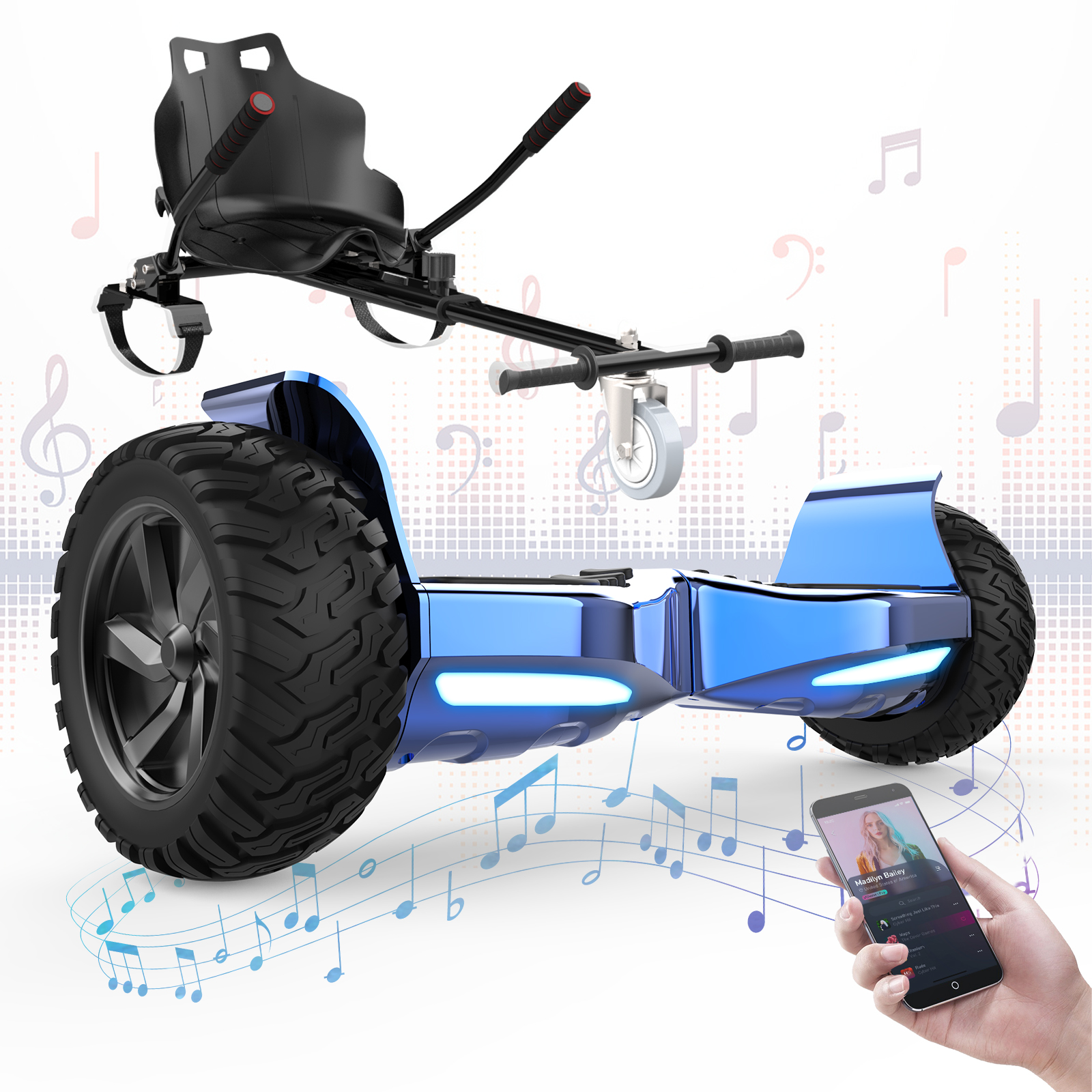 Hoverboard blu con attacco per sedile, con note musicali sullo sfondo.